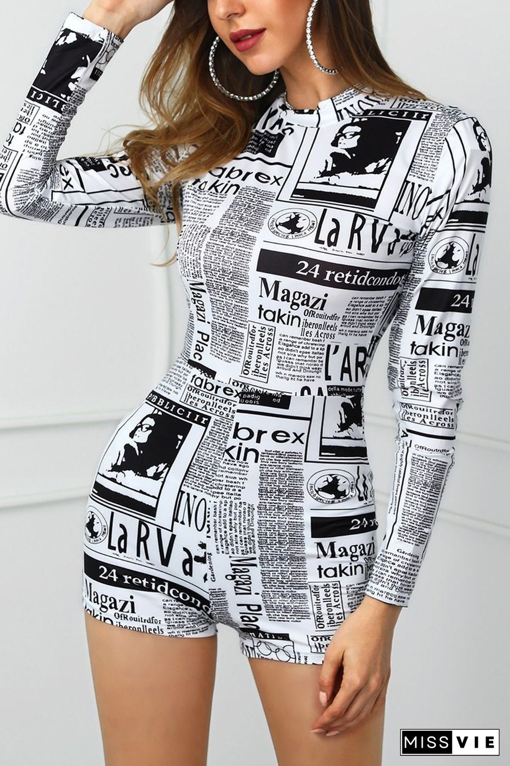 Long Sleeve Newspaper Print Romper