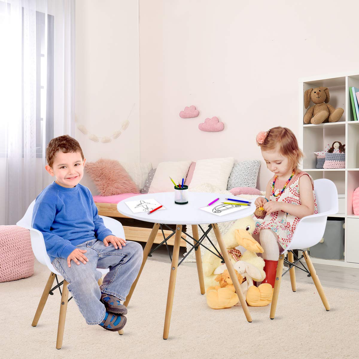 Kids Table and 2 Chair Set, Round Table with Armchairs for Toddler Children