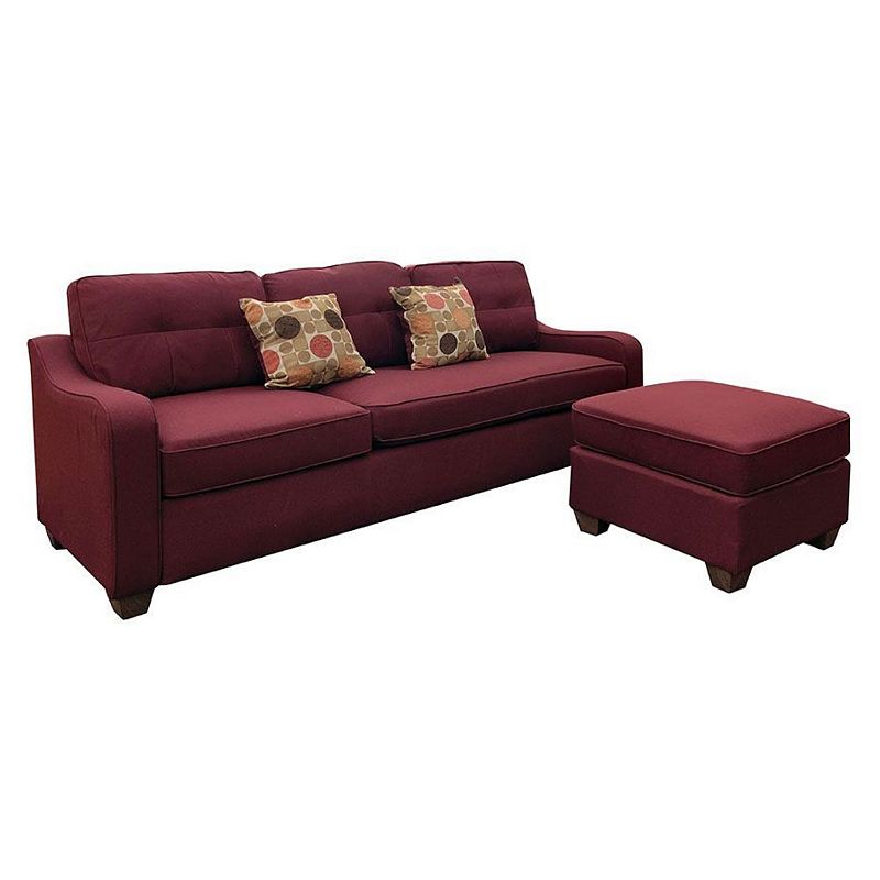 F.c Design Elegant Design Sectional Sofa W/ 2 Pillows Red Linen Comfortable Seating