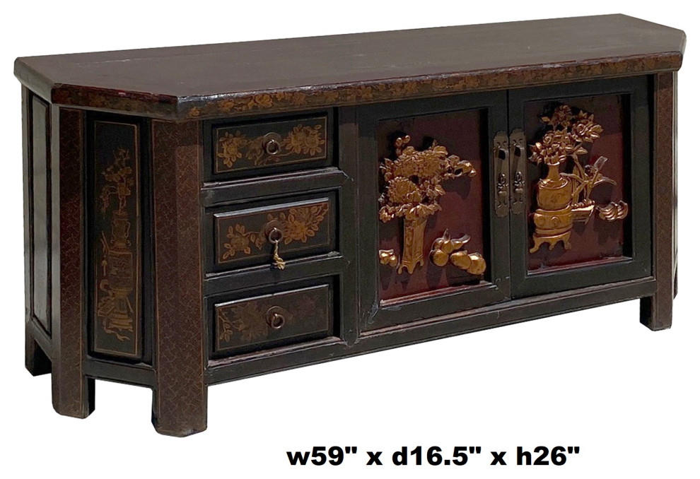 Chinese Distressed Brown Golden Flower Motif TV Console Table Cabinet Hcs6127   Asian   Entertainment Centers And Tv Stands   by Golden Lotus Antiques  Houzz