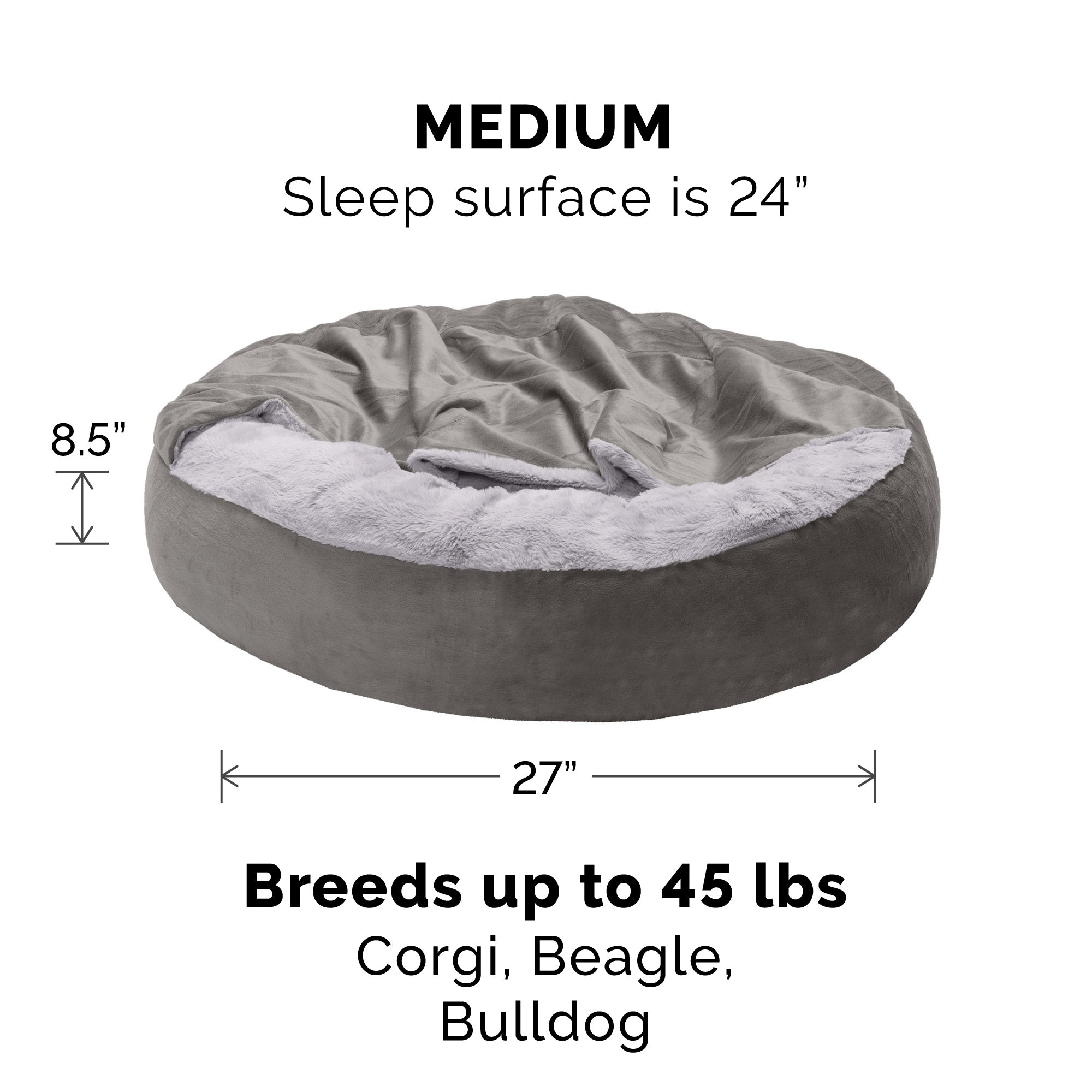 FurHaven | Wave Faux Fur & Velvet Hooded Donut Pet Bed for Dogs & Cats, Dark Gray, Medium