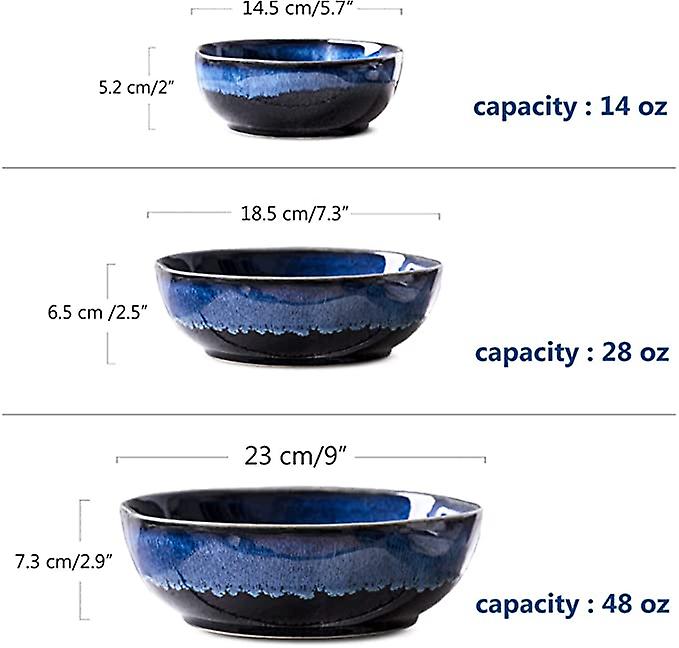 Blue Ceramic Salad Bowls - Set Of 3