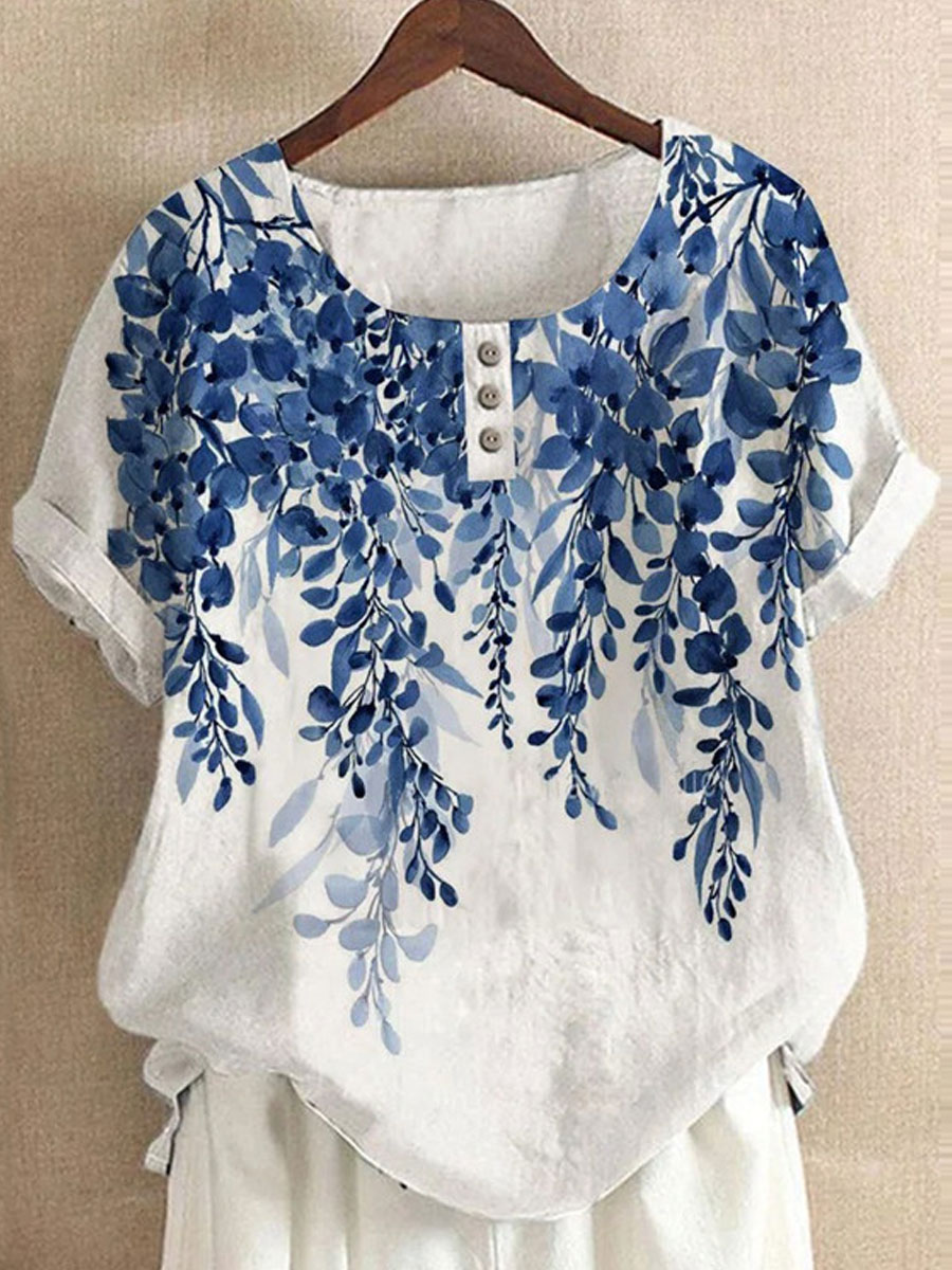 Round Neck Casual Loose Floral Print Short Sleeve Blouse