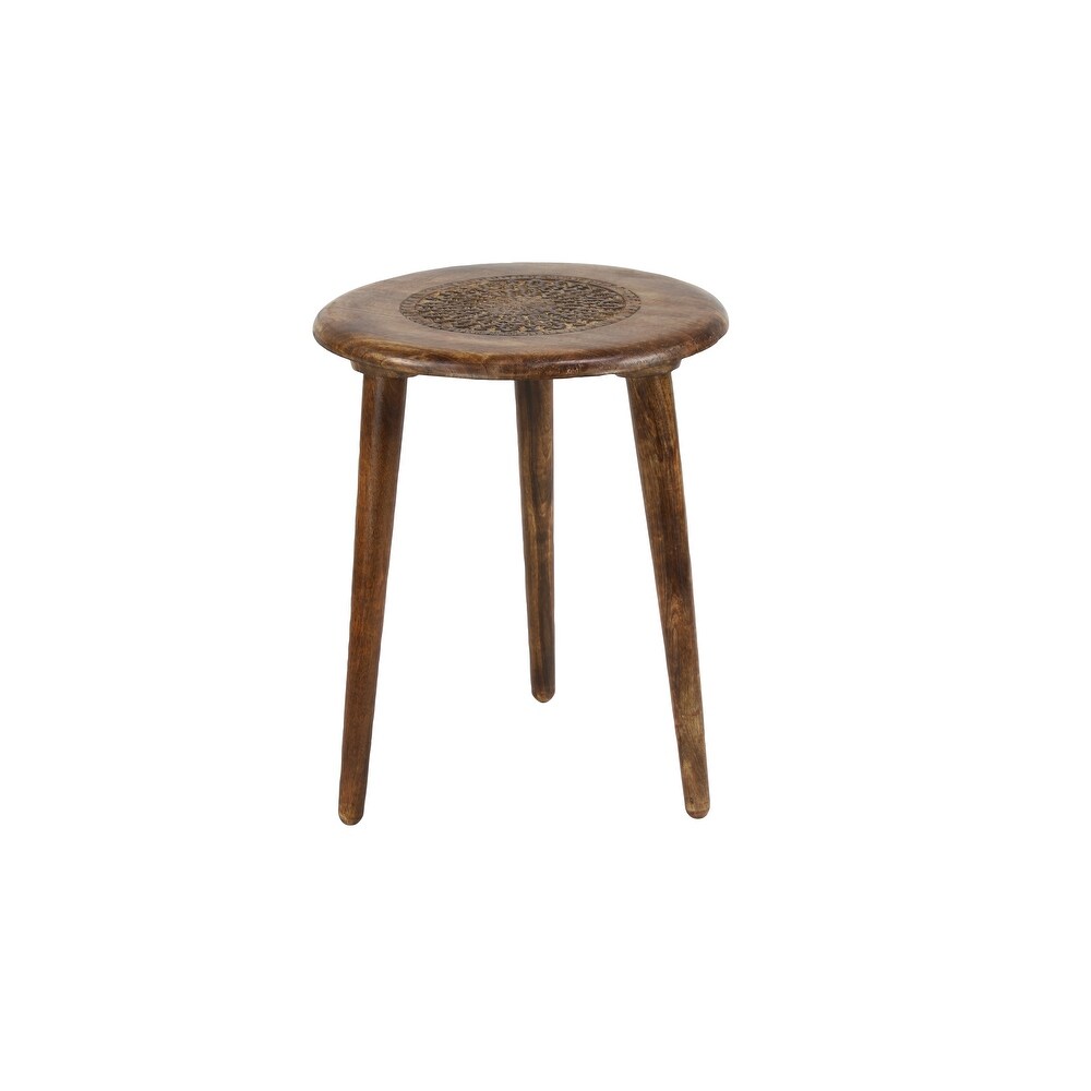 Wood Handmade Intricately Carved Floral Accent Table with 3 Slender Legs