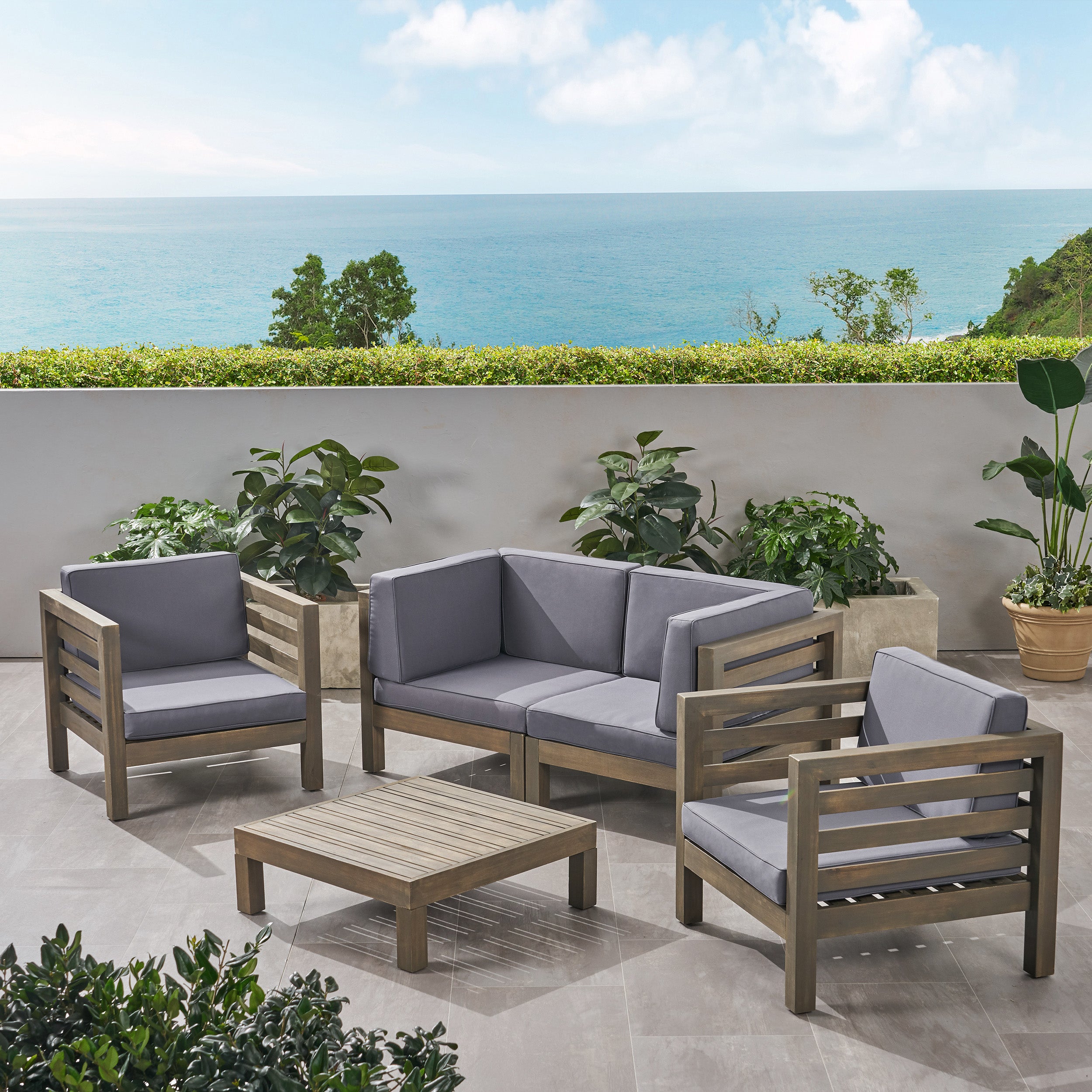 Emma Outdoor 4 Seater Acacia Wood Loveseat Chat Set