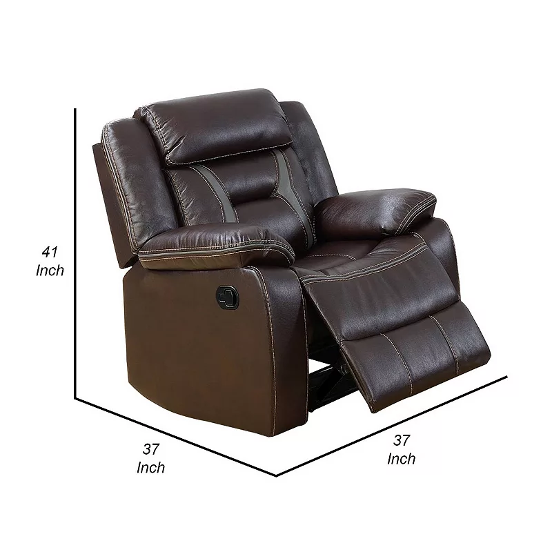 37 Inches Leatherette Glider Recliner with Pillow Arms， Dark Brown