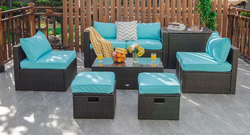 8 Pcs Rattan Patio Sectional Sofa Set with Storage Box & Waterproof Cover