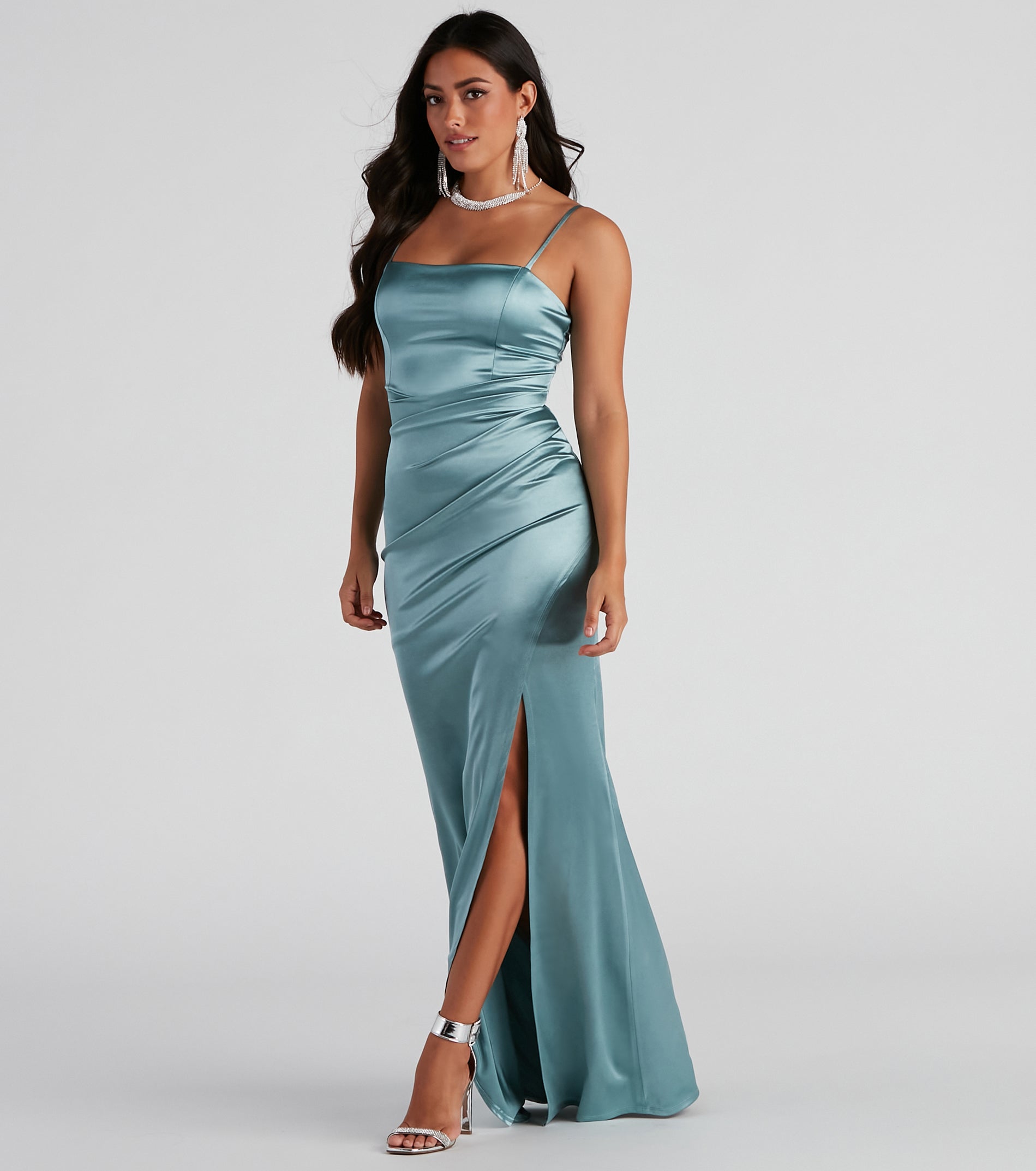 Evie Formal Ruched Satin Sleeveless Dress