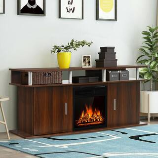 Gymax 63 in. Fireplace TV Stand with 18 in. 1500-Watt Electric Fireplace up to 70 in. Walnut GYM06623