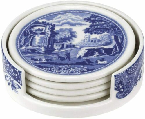 Spode Blue Italian 4 Piece Ceramic Coasters with Holder