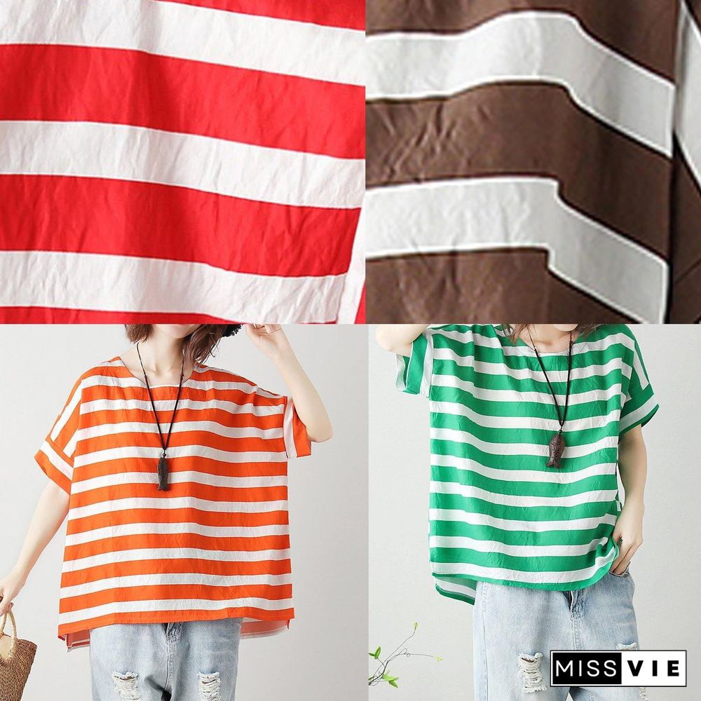 Natural orange striped cotton blouses for women o neck Batwing Sleeve Art top