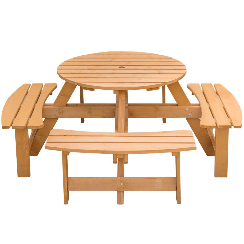 Wooden Outdoor Patio Garden Round Picnic Table with Bench， 8 Person