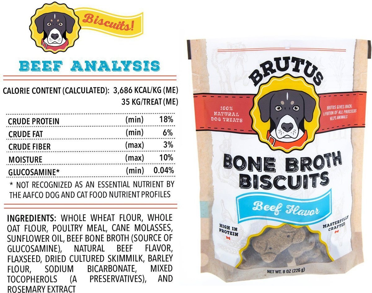 Brutus Broth Bone Broth Biscuits Beef Flavor Dog Treats， 8-oz bag