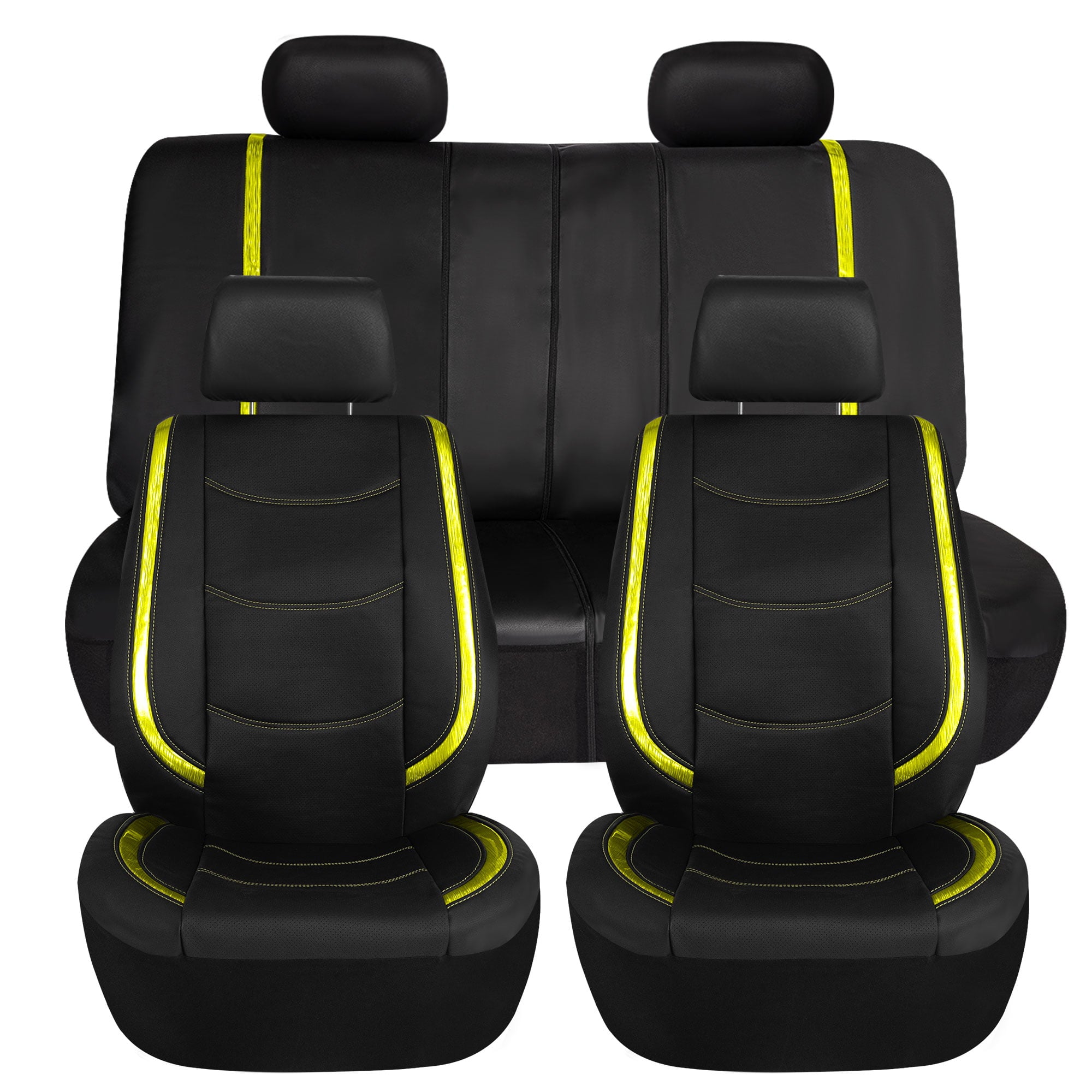 TLH Yellow Galaxy13 Metallic Striped Deluxe Leatherette Car Seat Covers Built-In Pockets Anti-Slip Protection Universal Fit for most Cars， Trucks， SUVs and Vans