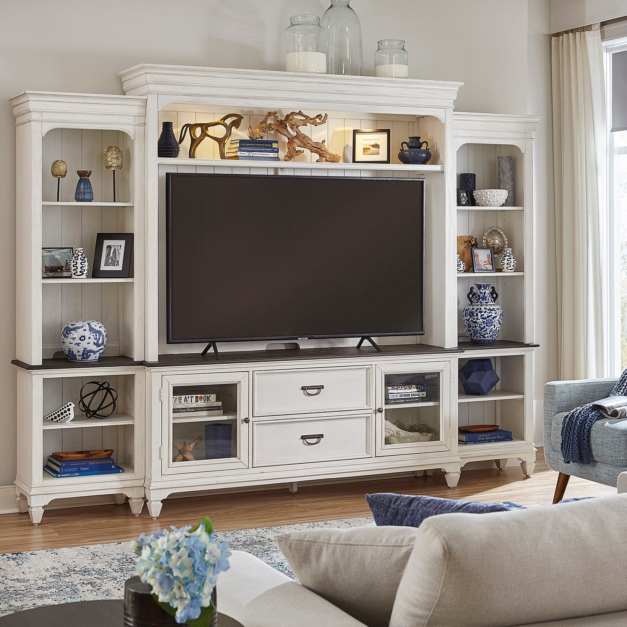 Allyson Park Wirebrushed White Charcoal Entertainment Center with Piers