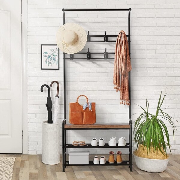 Hall Tree with Entryway Bench with Coat Rack Freestanding Shoe Rack Bench， 3 in 1 Hall Tree