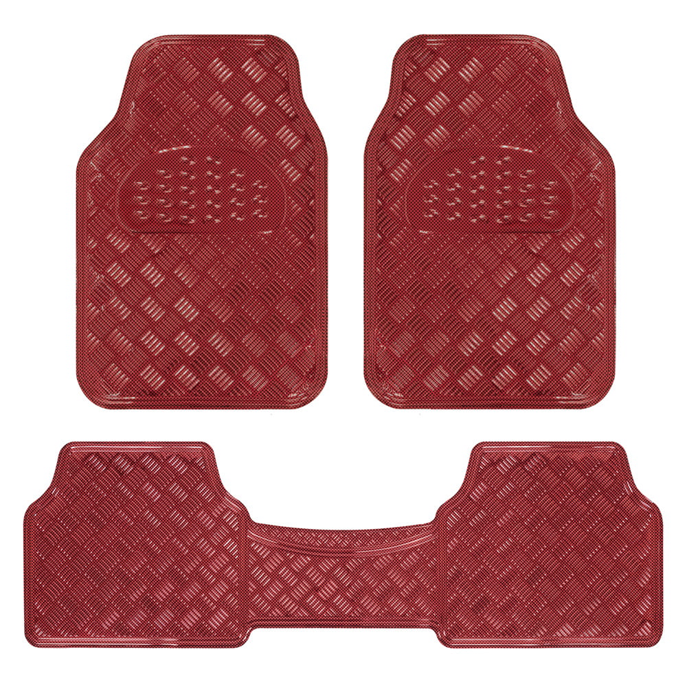 Universal Fit 3-Piece Set Metallic Design Car Floor Mats-Heavy Duty All Weather with Rubber Backing (Wine Red)