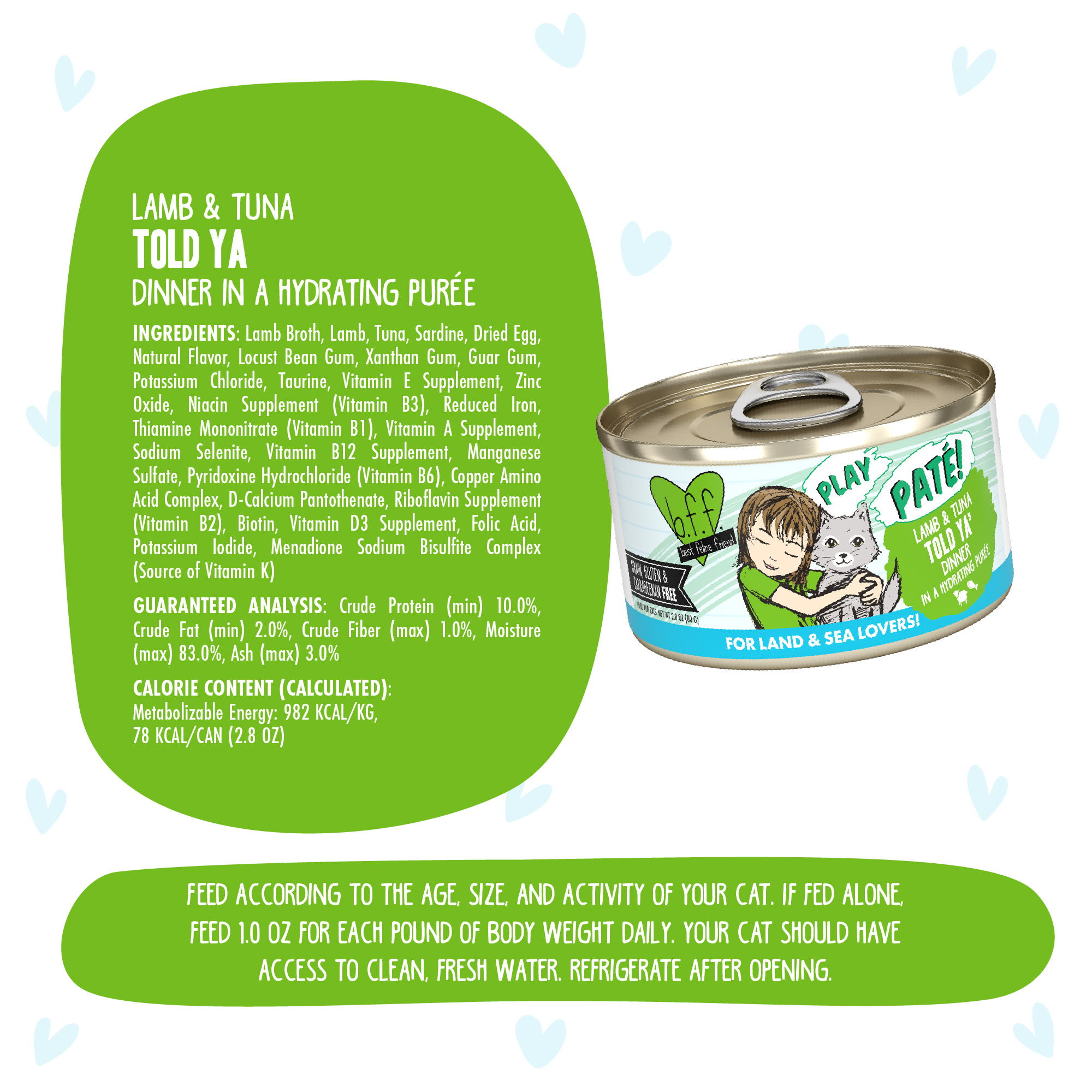 B.F.F. P.L.A.Y. Told Ya Lamb  Tuna Dinner in a Hydrating Puree Wet Cat Food， 2.8 oz.， Case of 12