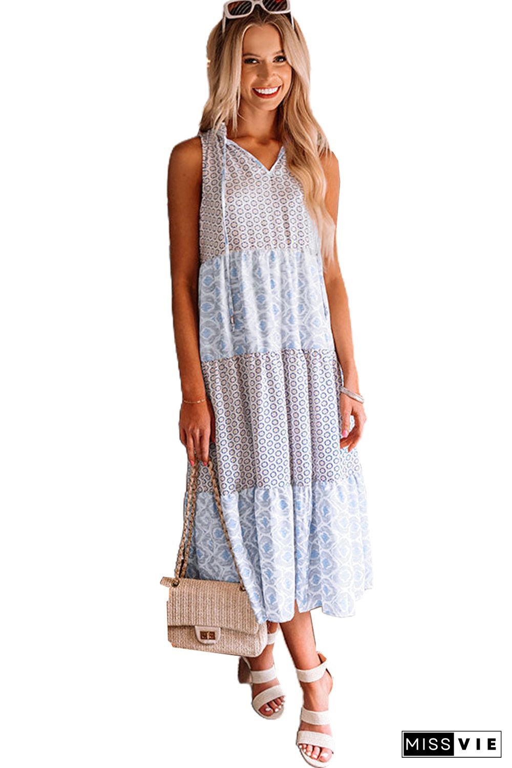 Sky Blue Abstract Print Split Neck Sleeveless Maxi Dress