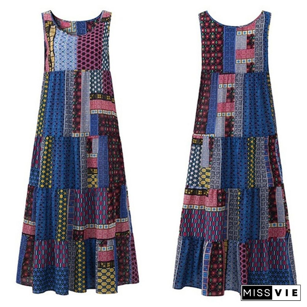 Womens Patch Print Loose Vest Dress Kaftan Sleeveless High Waist Sundress Oversized Casual Hippie Summer Trendy Fashion