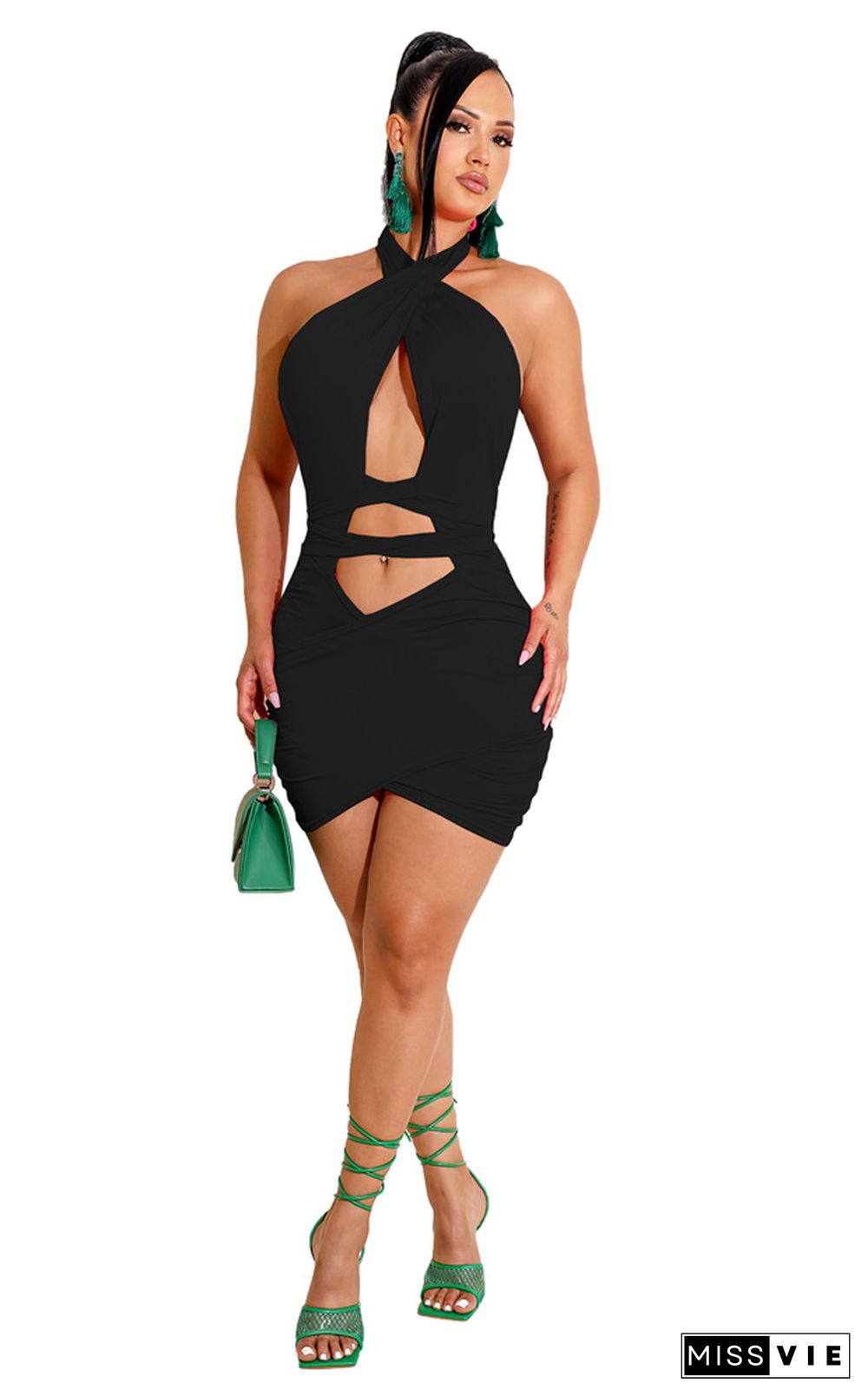 Cross Halter Sleeveless Cut Out Bodycon Dress