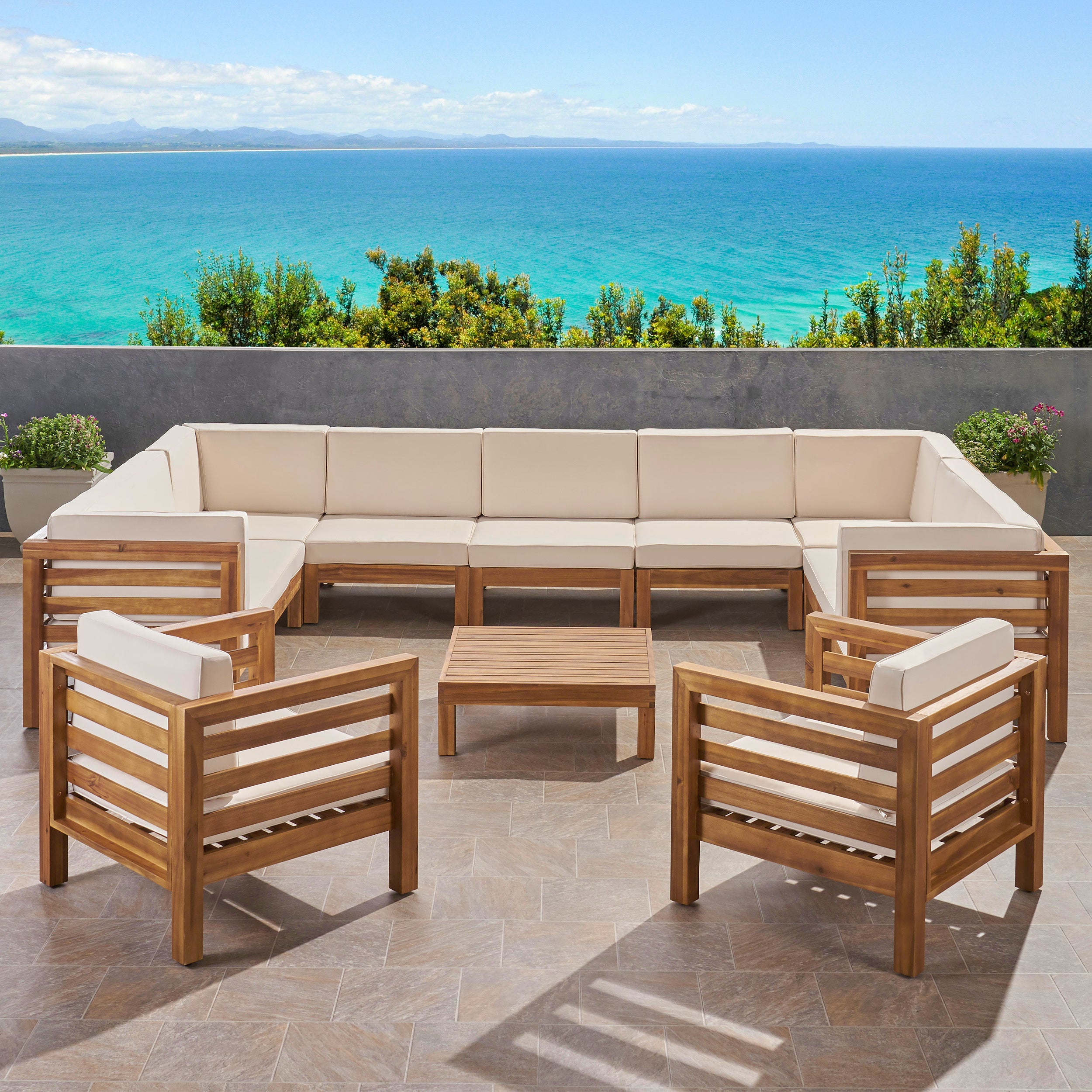 Emma Outdoor 11 Seater Acacia Wood Sectional Sofa and Club Chair Set