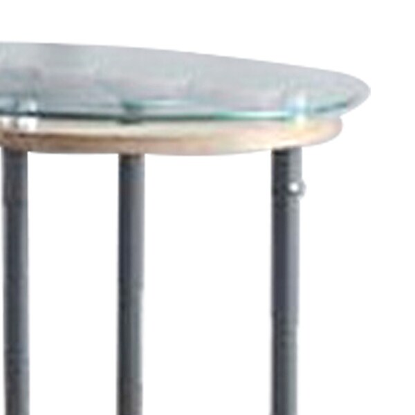 End Table with Round Glass Top and Metal Pipe Style Legs， Gray