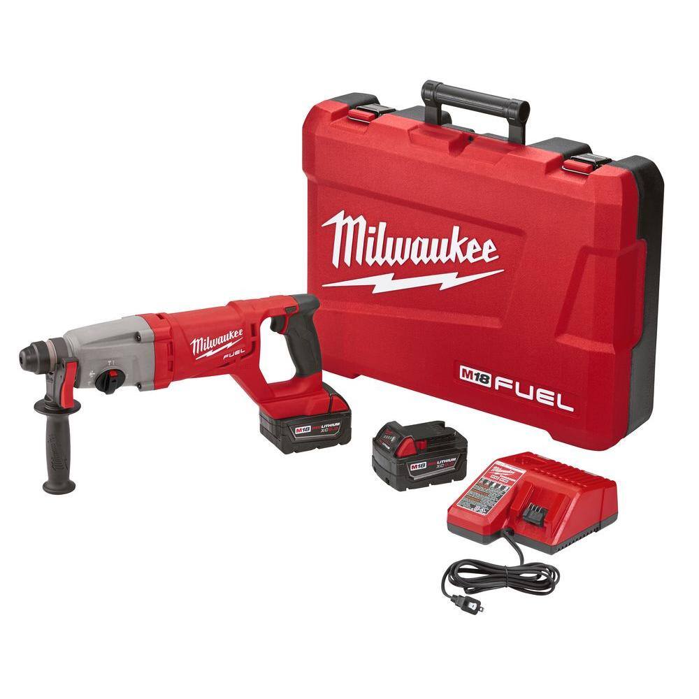 MW M18 FUEL 18V Lithium-Ion Brushless Cordless 1 in. SDS-Plus D-Handle Rotary Hammer Kit w Two 5.0Ah Batteries  Case 2713-22