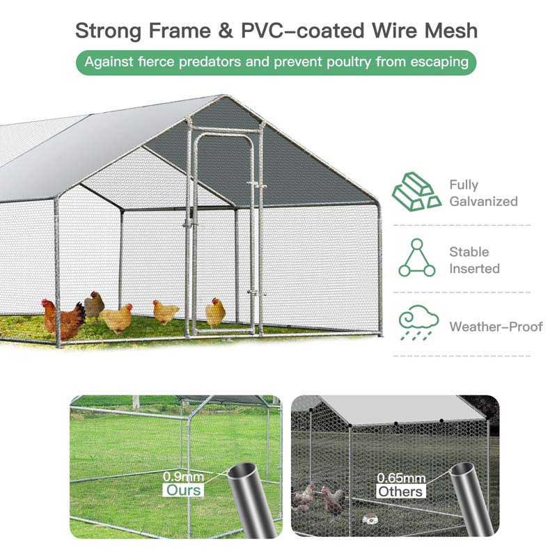 10' x 13' x 6.5' Galvanized Metal Large Walk-in Chicken Coop Cage Runs Hen House with Cover & Lockable Door