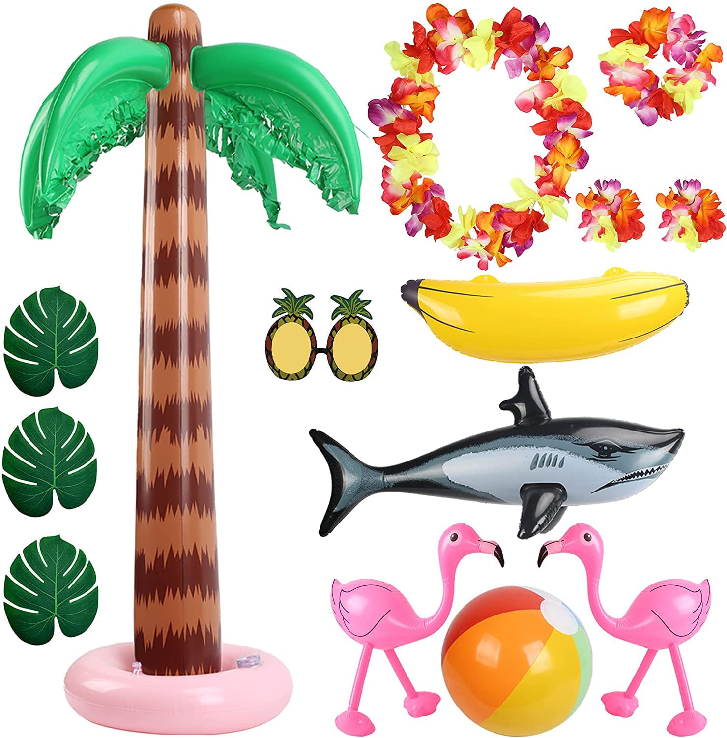 AirSmall 14pcs Inflatable Palm Tree Inflatable Flamingos Beach Ball Banana Shark Toys Palm Leaves Hawaii Garlands Pineapple Sunglasses for Beach Pool Tropical Hawaiian Luau Summer Party Décor Backdrop