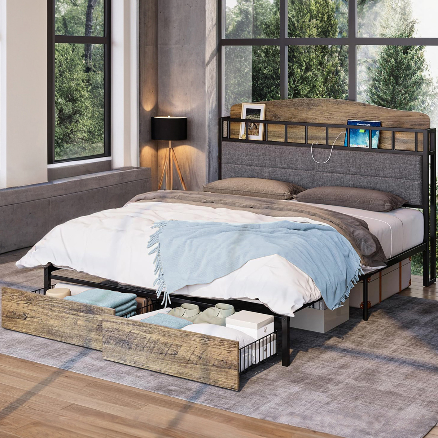 Platform Bed Frame with Drawers, Multifunctional Bed Frame with Guardrails and Charging Station, Queen/Full, No Box Spring Required