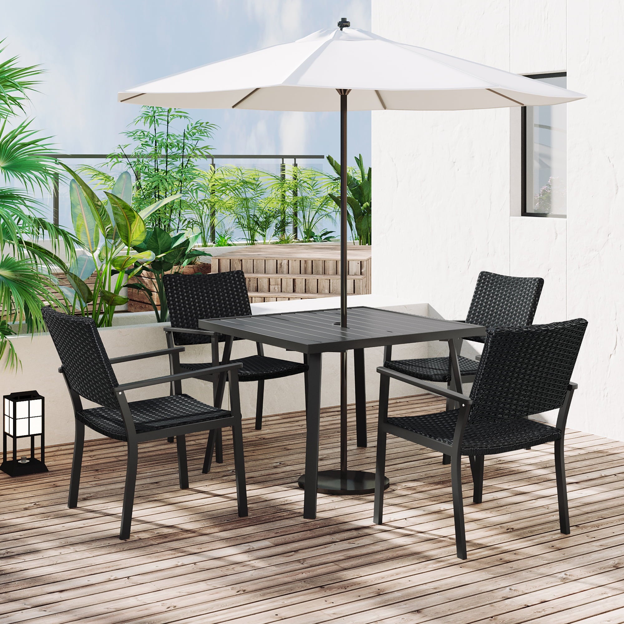 5 Piece Outdoor Patio Dining Sets, BTMWAY Outdoor Dining Table Furniture Set with Umbrella Hole and 4 Dining Chairs, Wicker Patio Furniture Set for Backyard Garden Balcony Deck Yard, Black Rattan