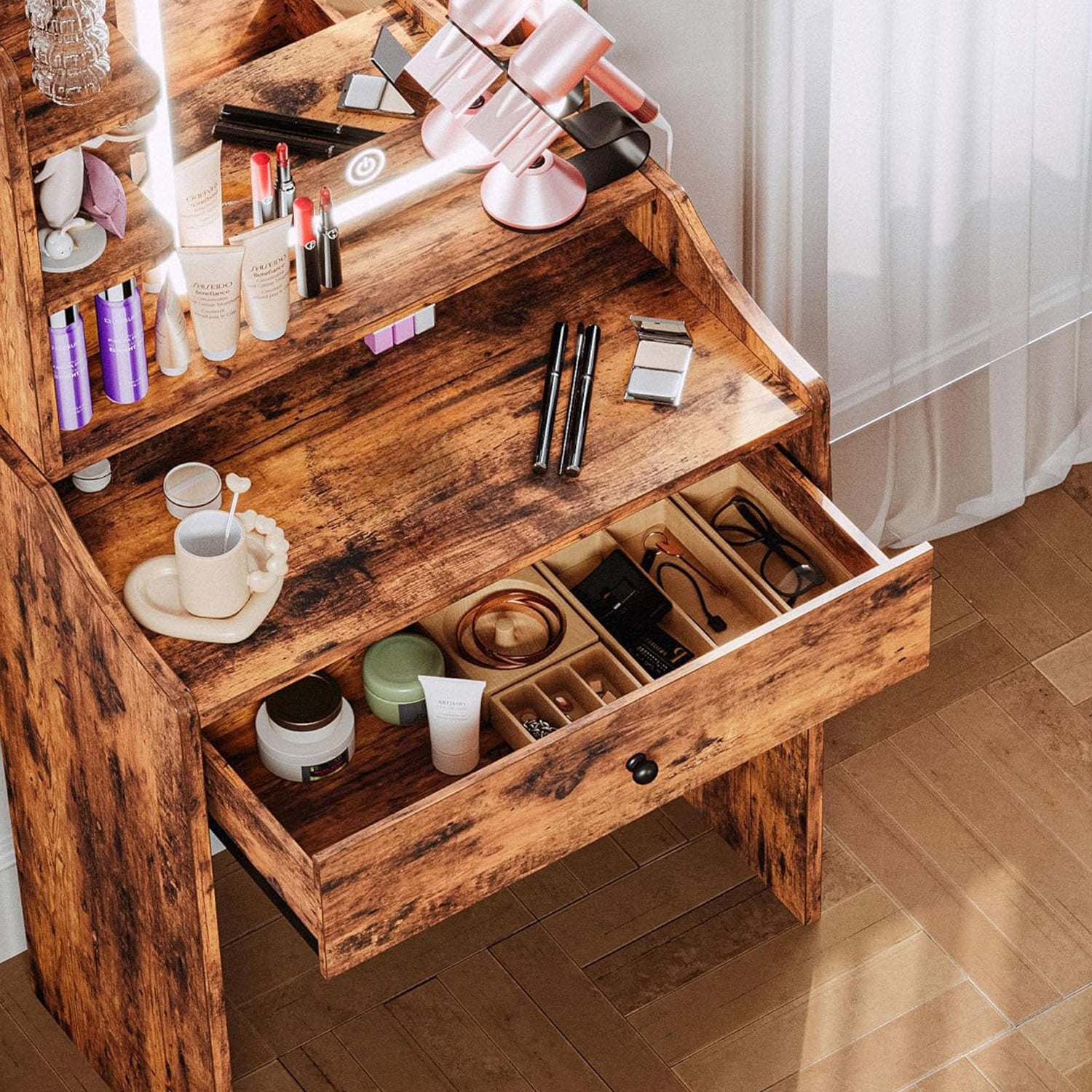 Makeup Vanity Desk with Upholstered Storage Stool Vanity Table Set with 1 Drawer, 3 Shelves, LED Light and USB Port