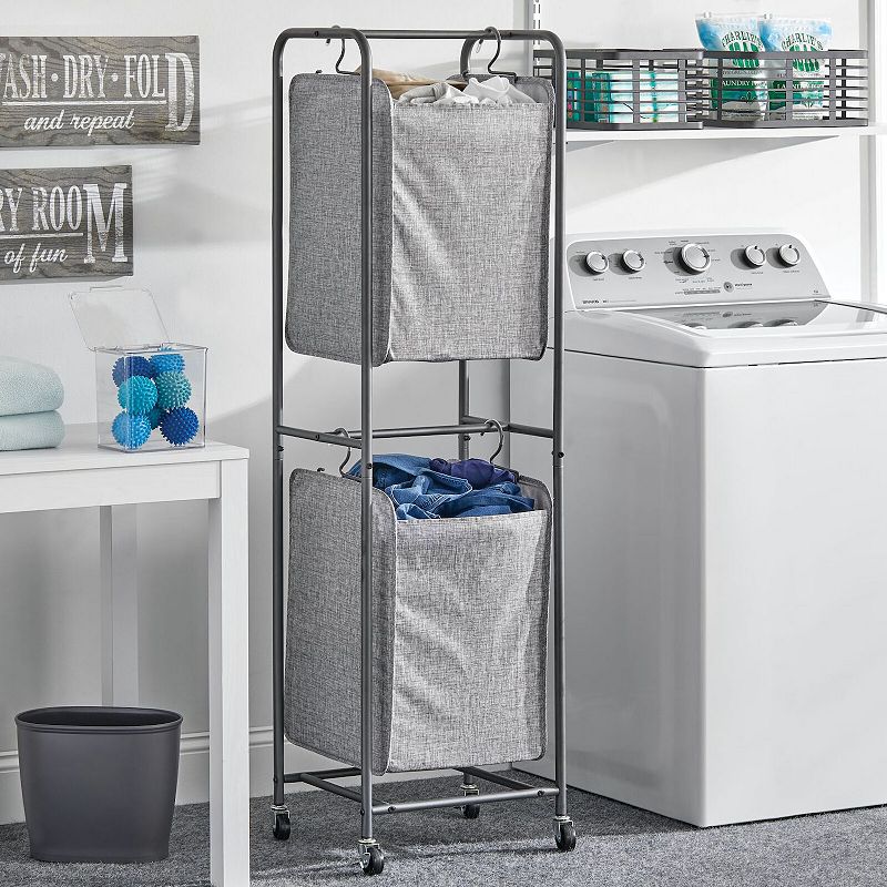 mDesign Vertical Stacked Laundry Hamper Basket with Wheels， Portable， 2 Removable Bags for Organizing Clothes， Laundry， Lights， Darks - Strong Metal Frame