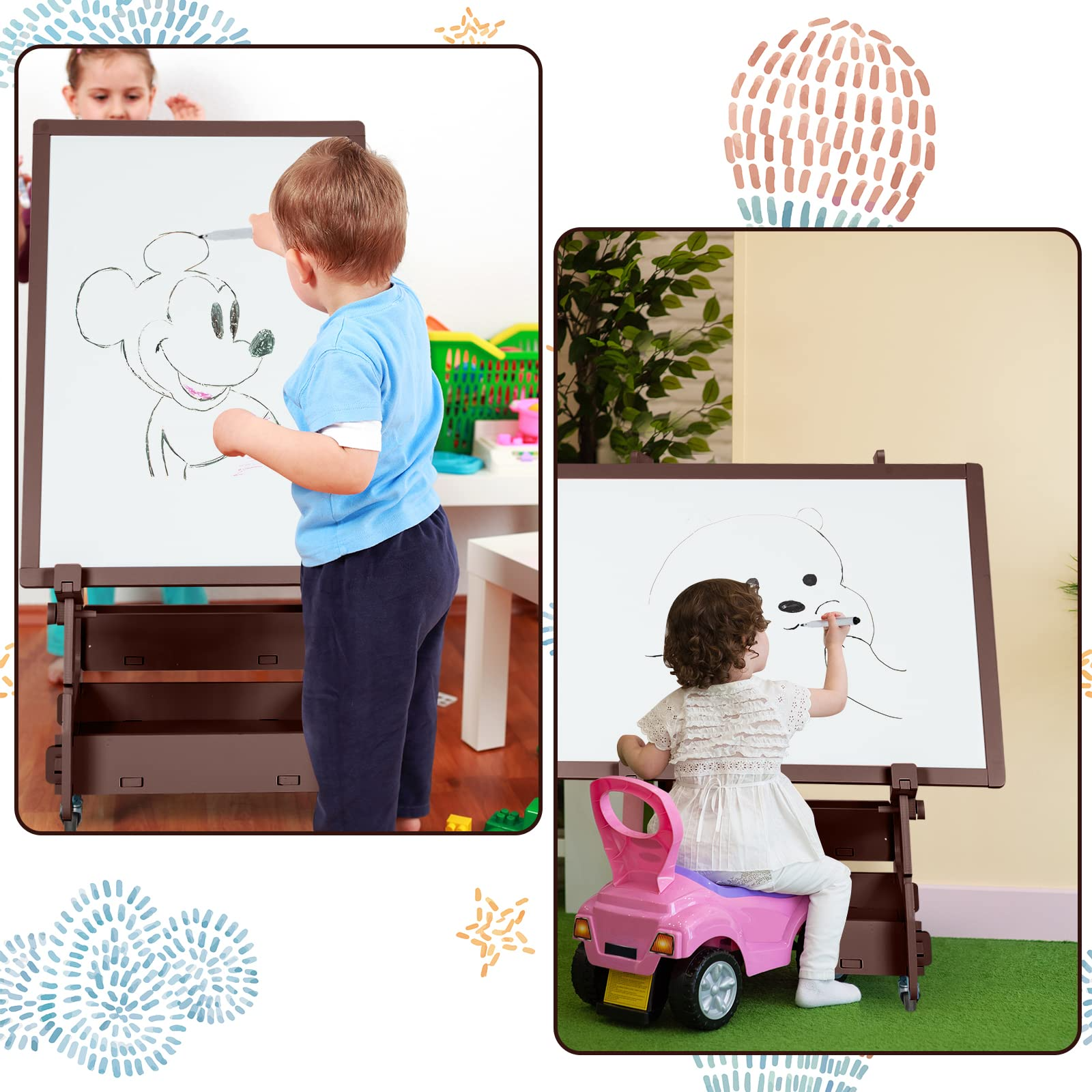 Costzon Kids Art Easel with Lockable Wheels, Height Adjustable Magnetic Removable Painting Board with Storage