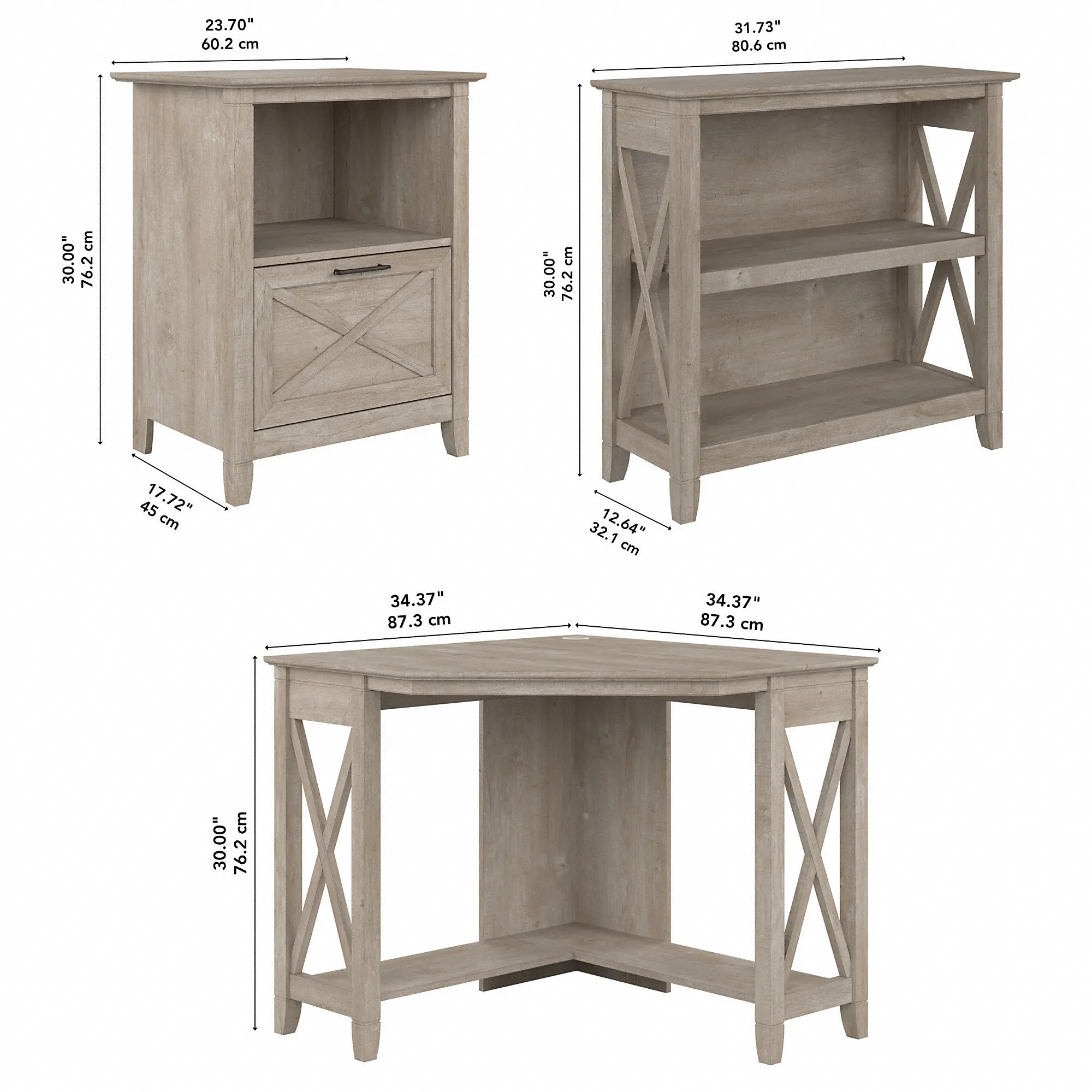 Key West Farmhouse Washed Gray Corner Desk with 2-Shelf Bookcase， and File Cabinet