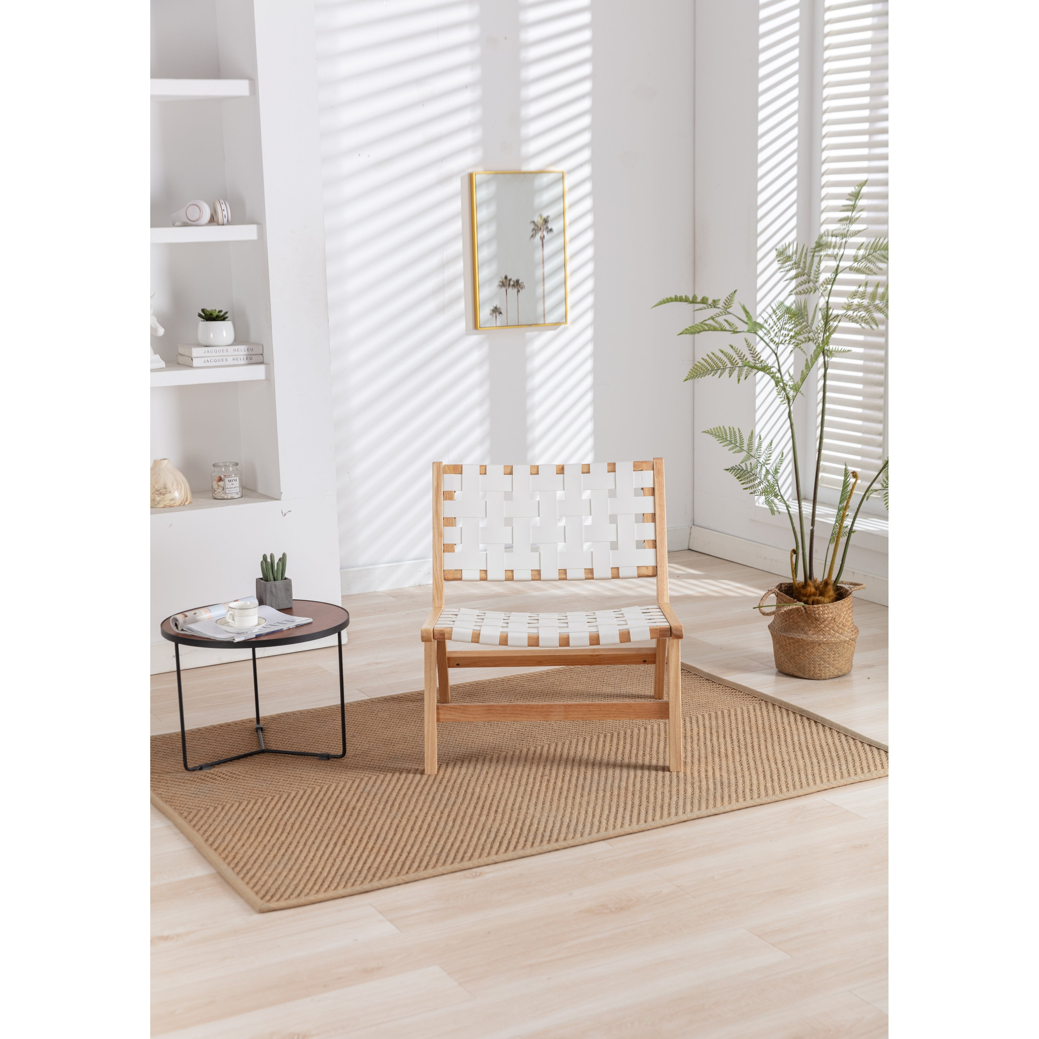 Solid Wood Frame Chair With White Wool Carpet. Modern Accent Chair Lounge Chair for Living Room