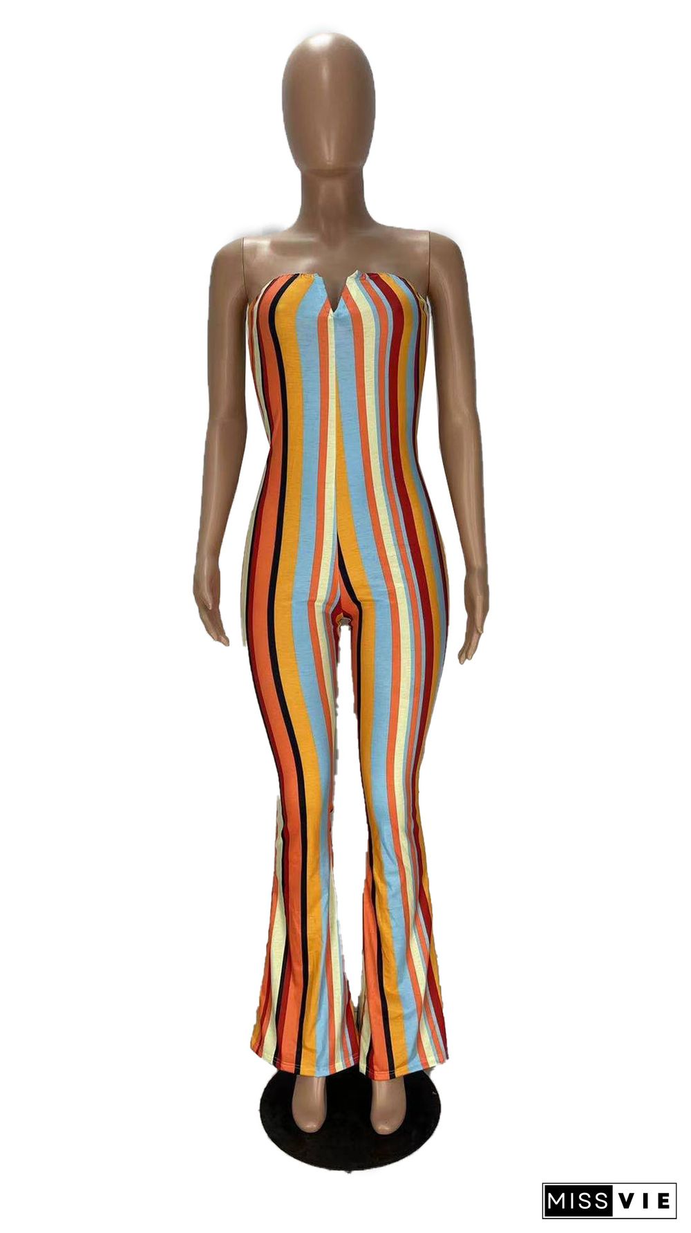 Sexy Print Flared V-Neck Tube Top Jumpsuit