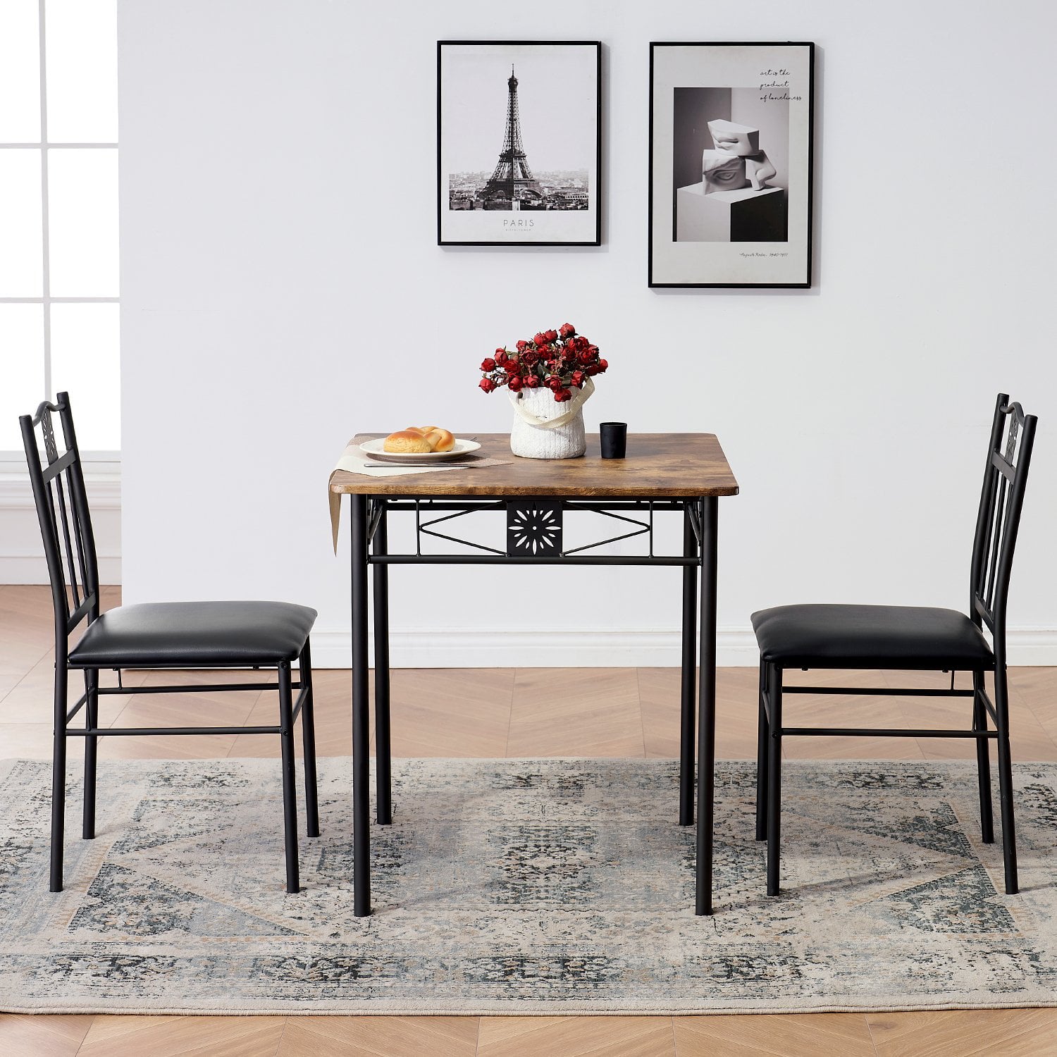 3-Piece Dining Table Sets with 2 Black Chairs for Kitchen, Dinette, Breakfast Nook, Brown