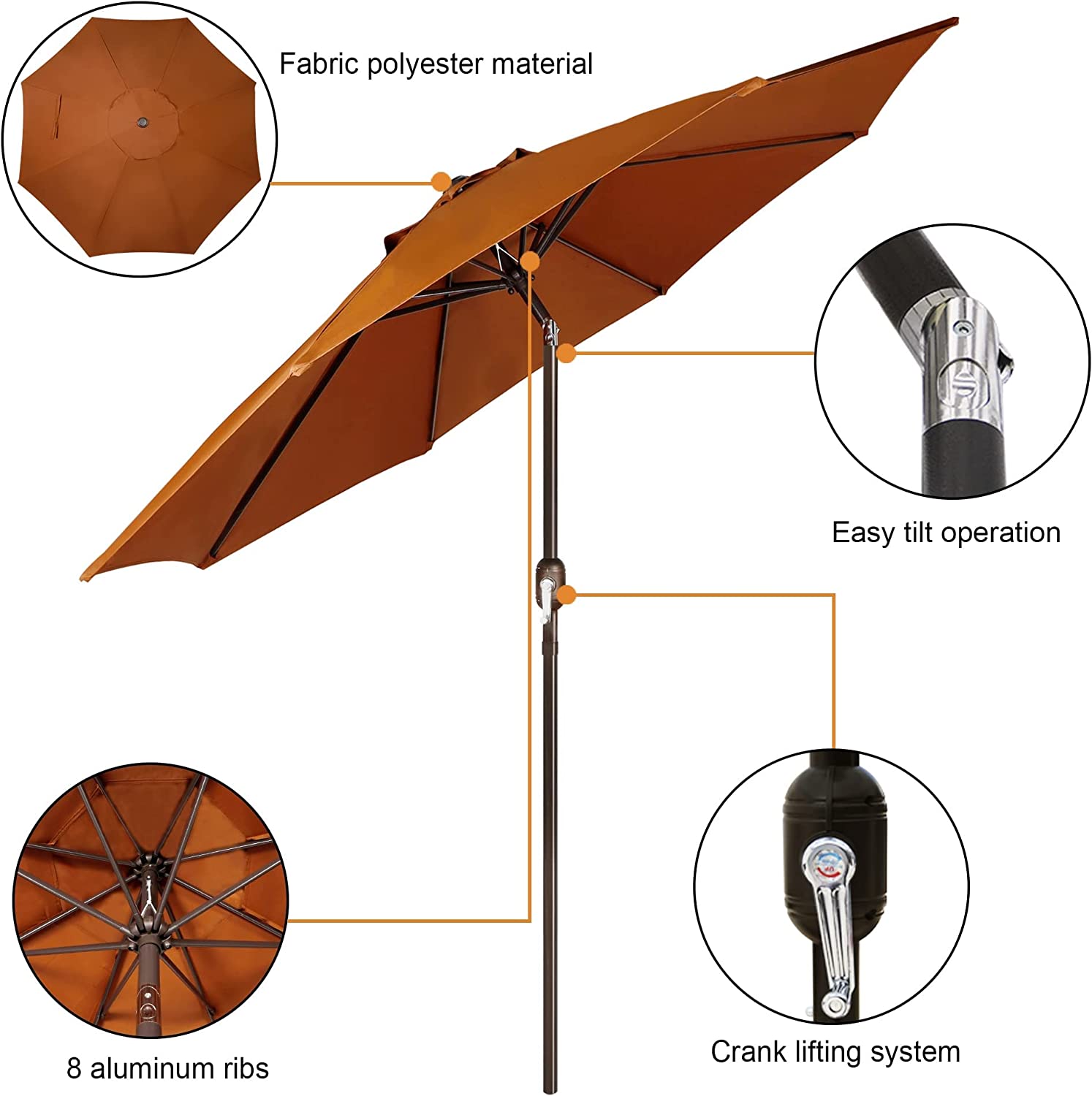 9' Outdoor Market Patio Umbrella with Push Button Tilt and Crank, 8 Ribs (Tan)