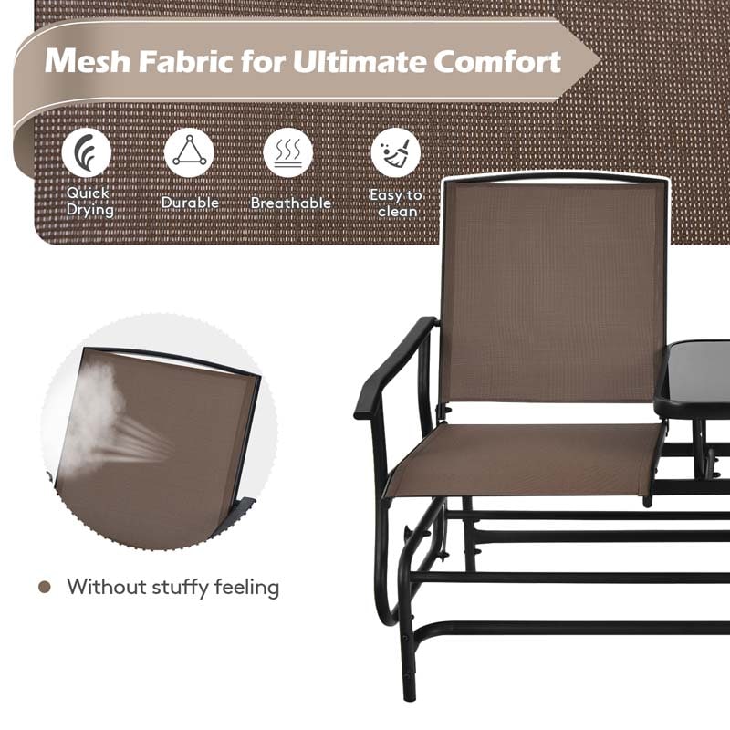 2-Person Outdoor Bench Glider Chair with Center Table, Mesh Fabric Rocking Loveseat for Patio