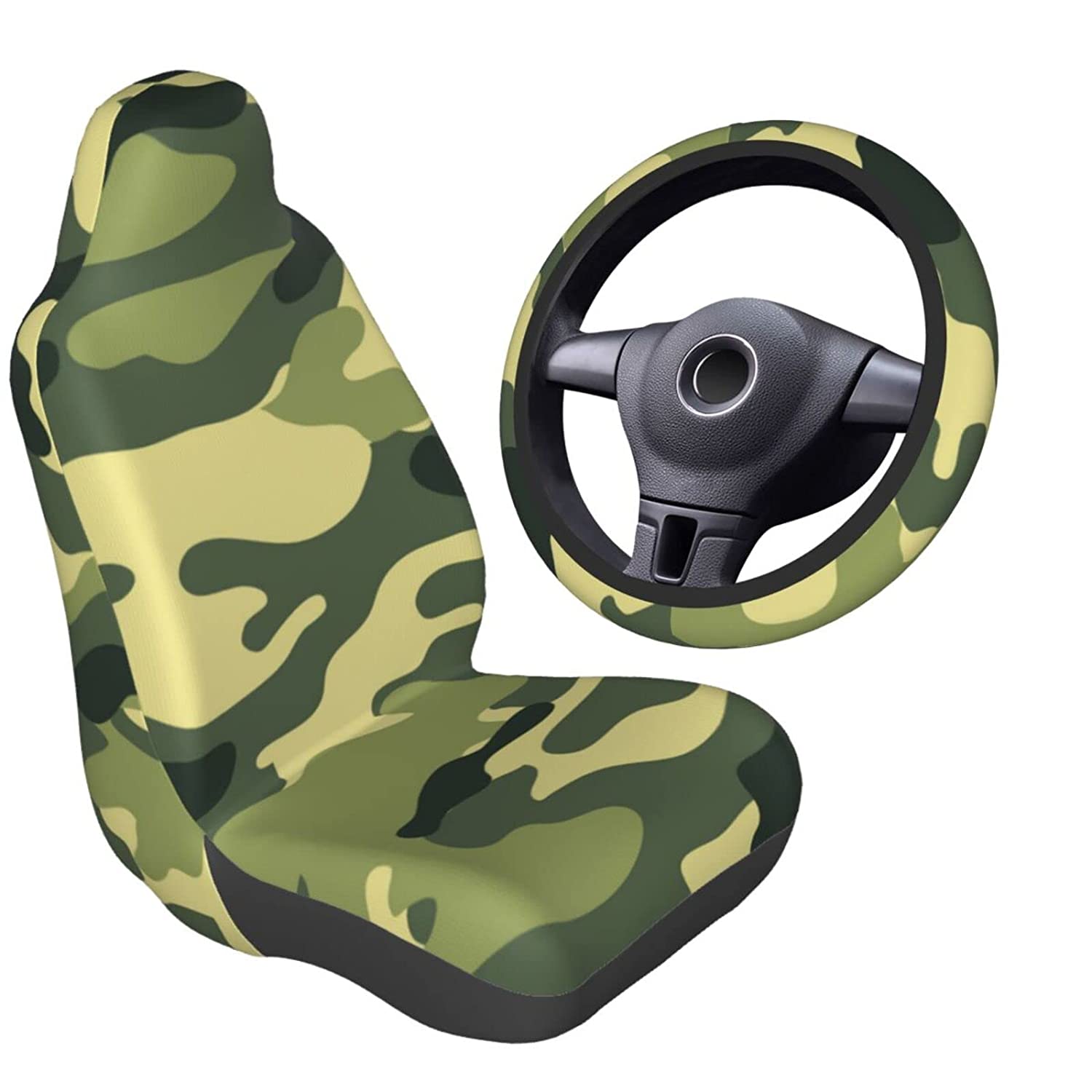 Camo Woodland Camoflage Seat Covers Steering and Wheel Cover Set for Cars Front Seat Covers Universal Bucket Seat Cover Automotive Seat Protector Fit Most Cars Sedan SUV Truck