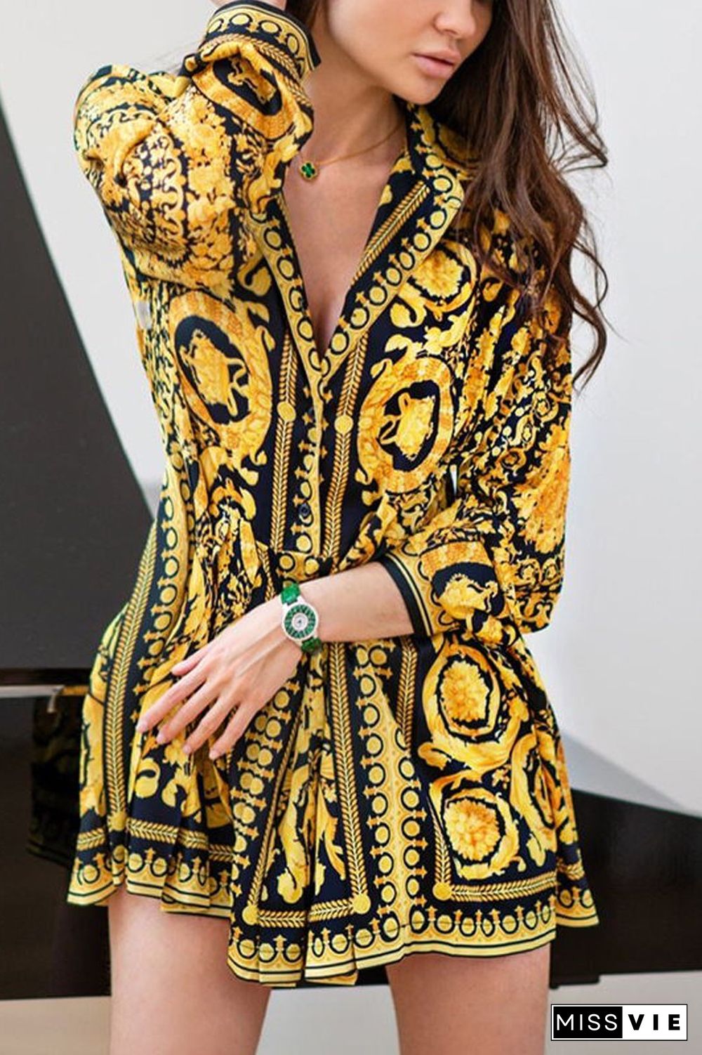 Paisley Print Long Sleeve Dress(Without Belt)