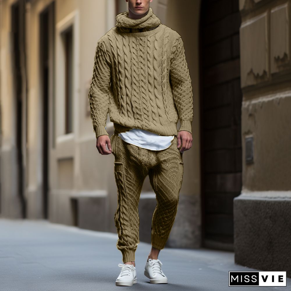 Men's Casual Solid Twist Knit High Neck Long Sleeve Sweater & Pants 2Pcs Set