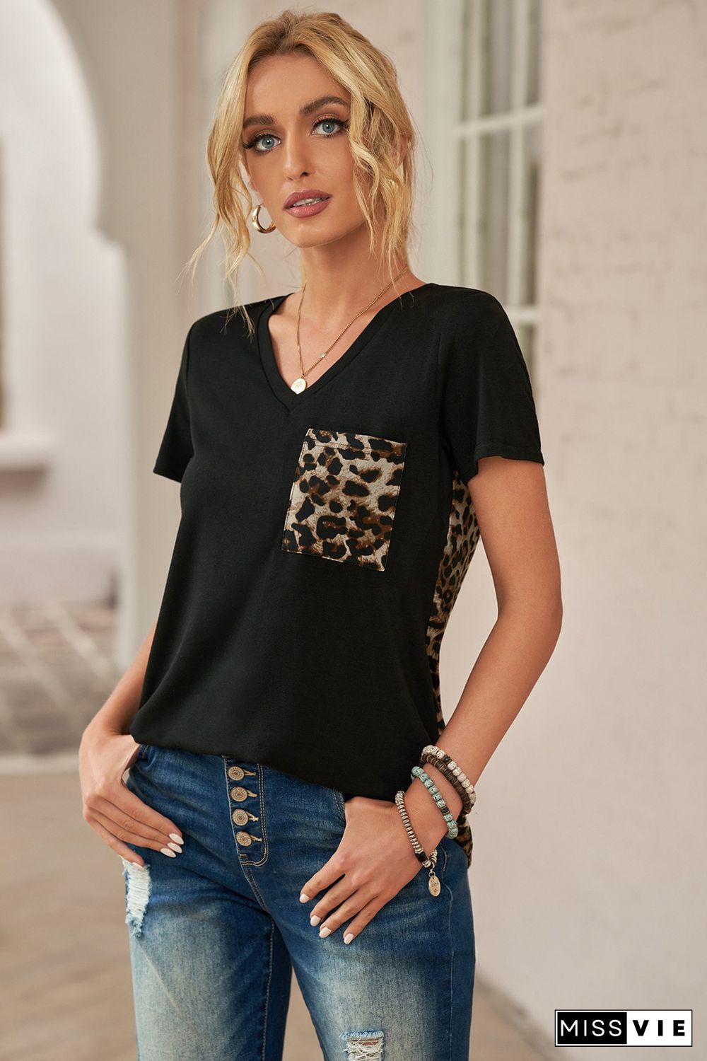 Leopard Printed Splicing T-Shirt