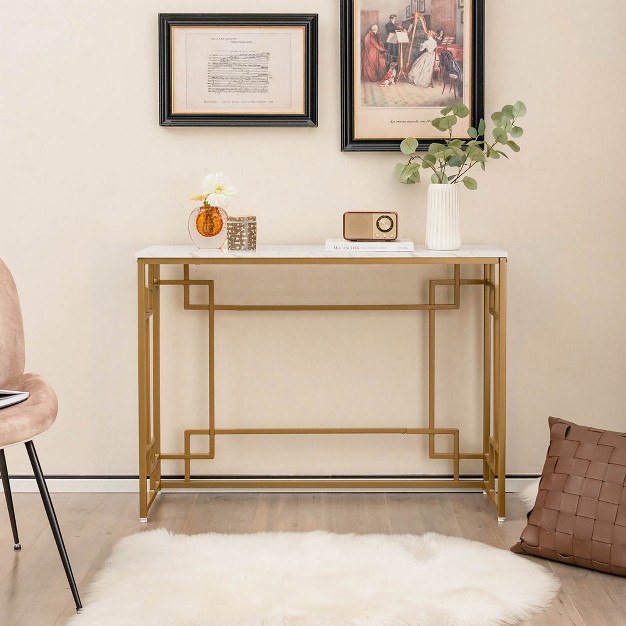 Tangkula Modern Console Table Narrow Entryway Table With Geometric Golden Frame