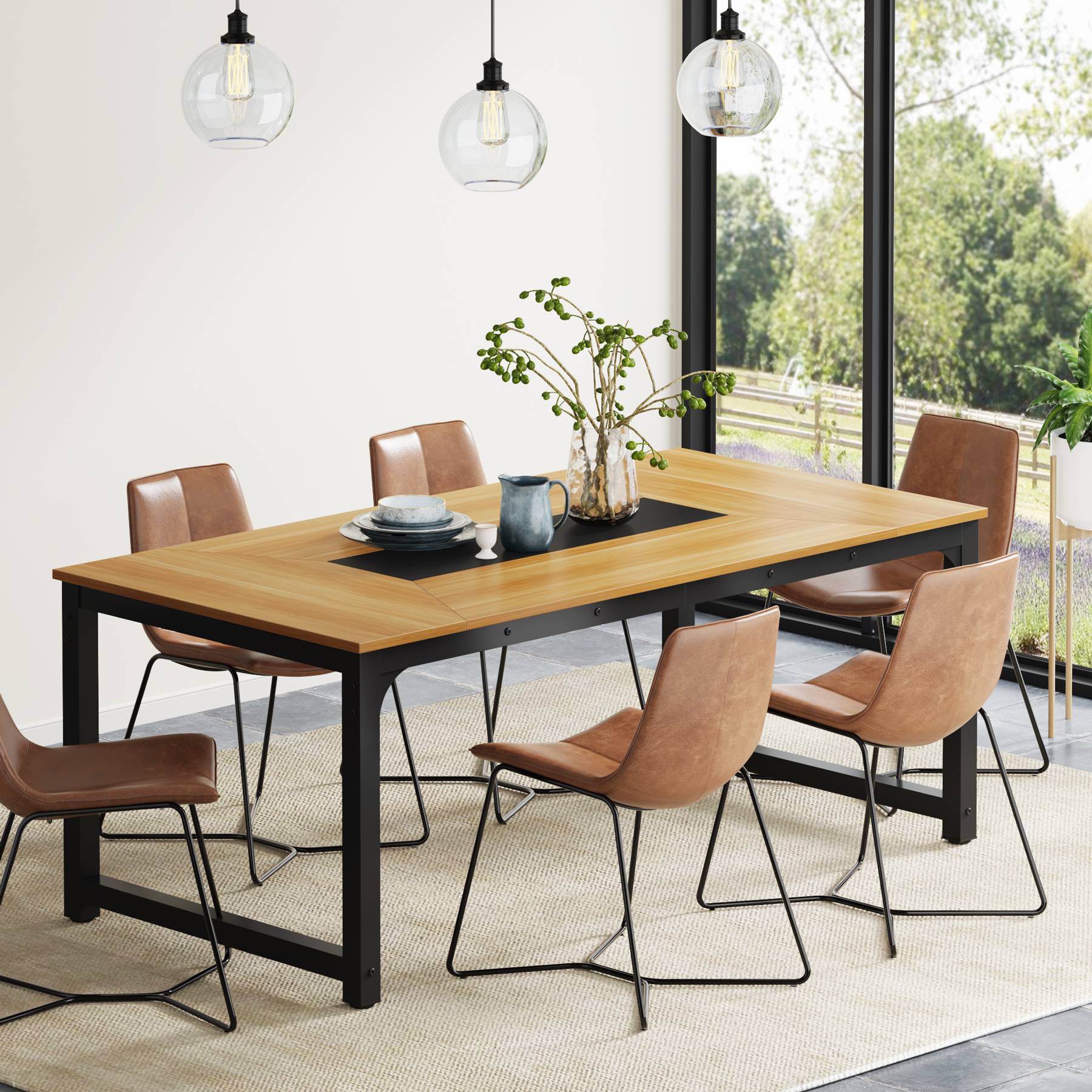 Dining Table for 6-8 Person, Industrial Kitchen Table with Metal Frame