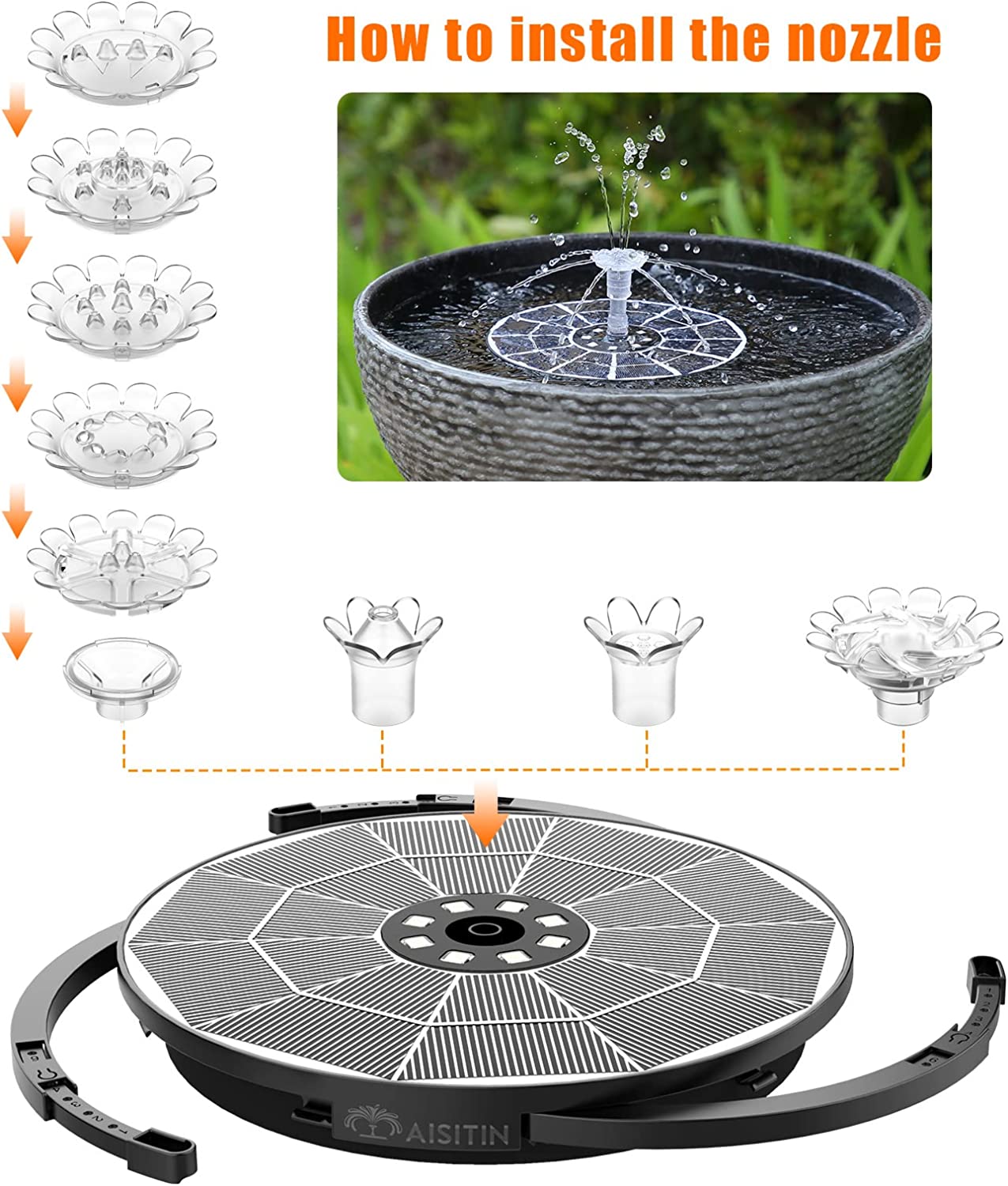 AISITIN 3.5W LED Solar Fountain Pump with Colorful Lights & 3000mAh Battery with 3 Telescopic Brackets, 8 Nozzles, Solar Water Pump for Bird Bath Pond Pool Garden Outdoor Pond