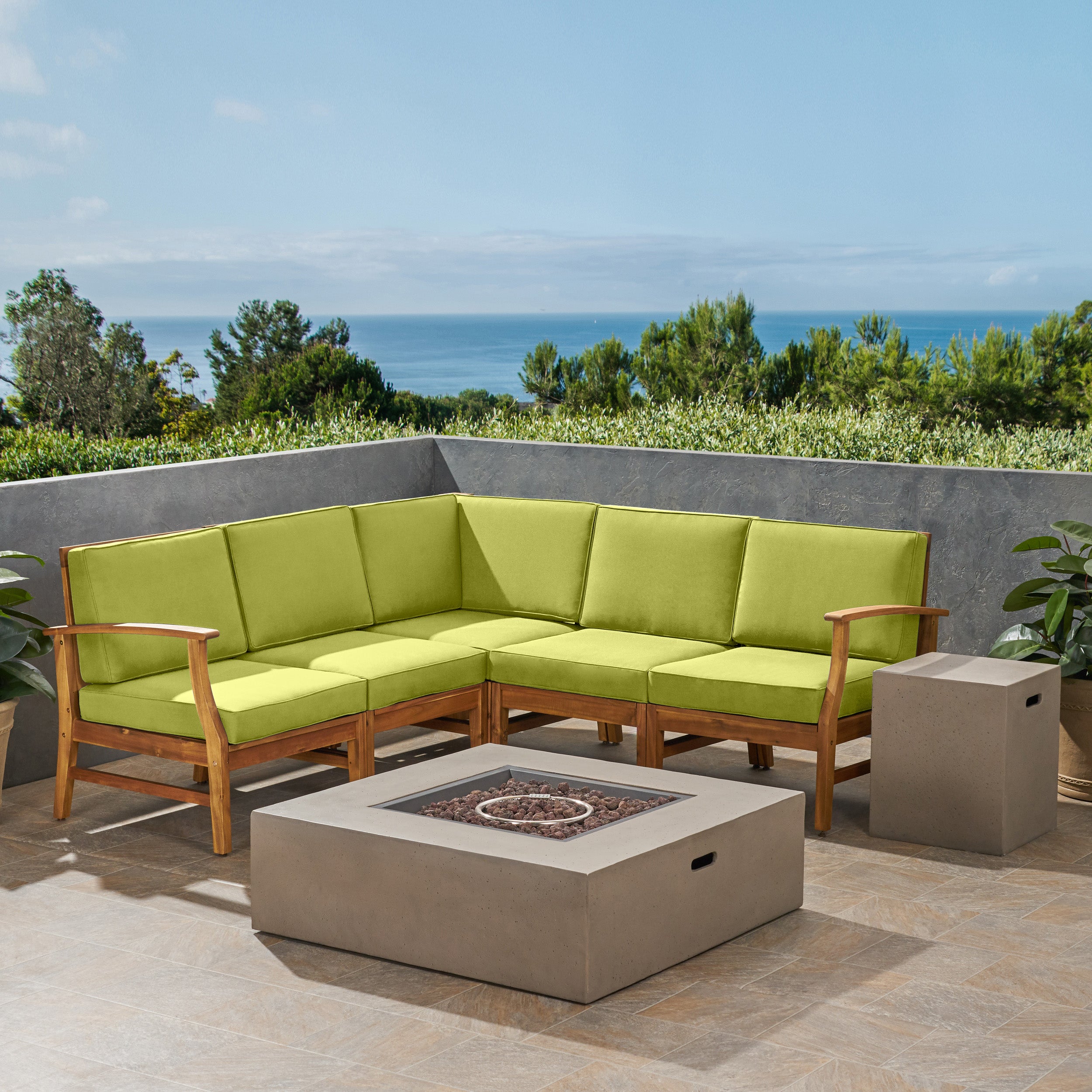 Nyeemah Outdoor 5 Seater V-Shaped Acacia Wood Sofa Set with Square Fire Table and Tank