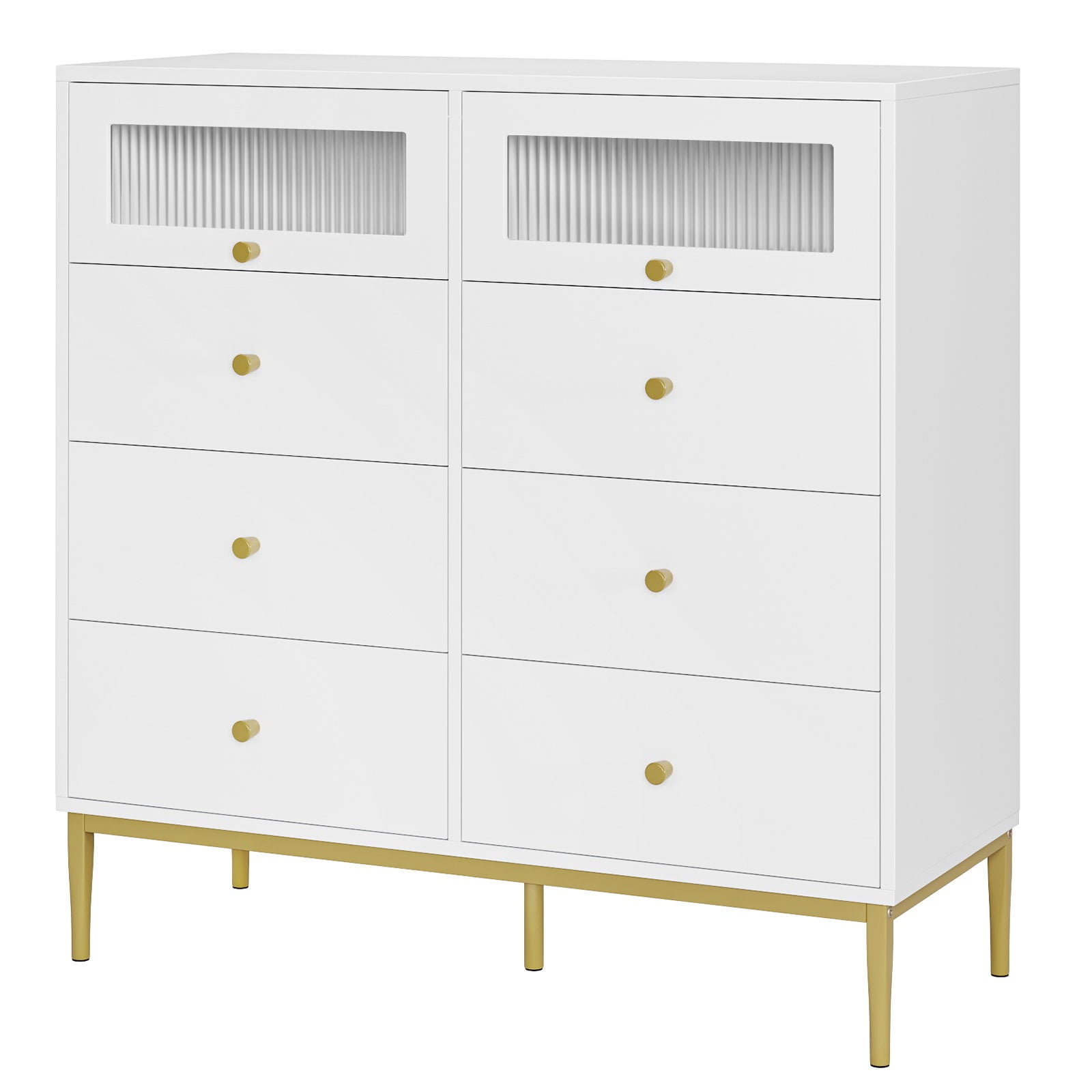 Homfa Double Dresser with 6 Drawers, Storage Cabinet with 2 Glass Doors, White